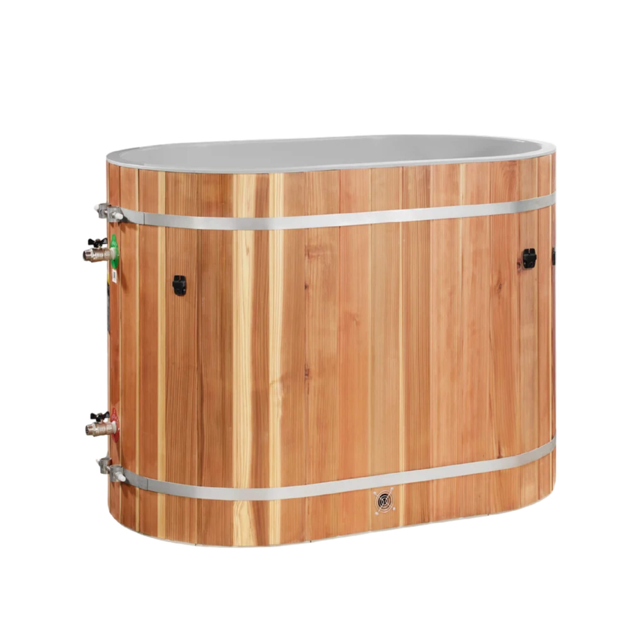 DCT Oval Barrel Tub Pacific Cedar Cold Plunge showing inlet and outlet valve placement