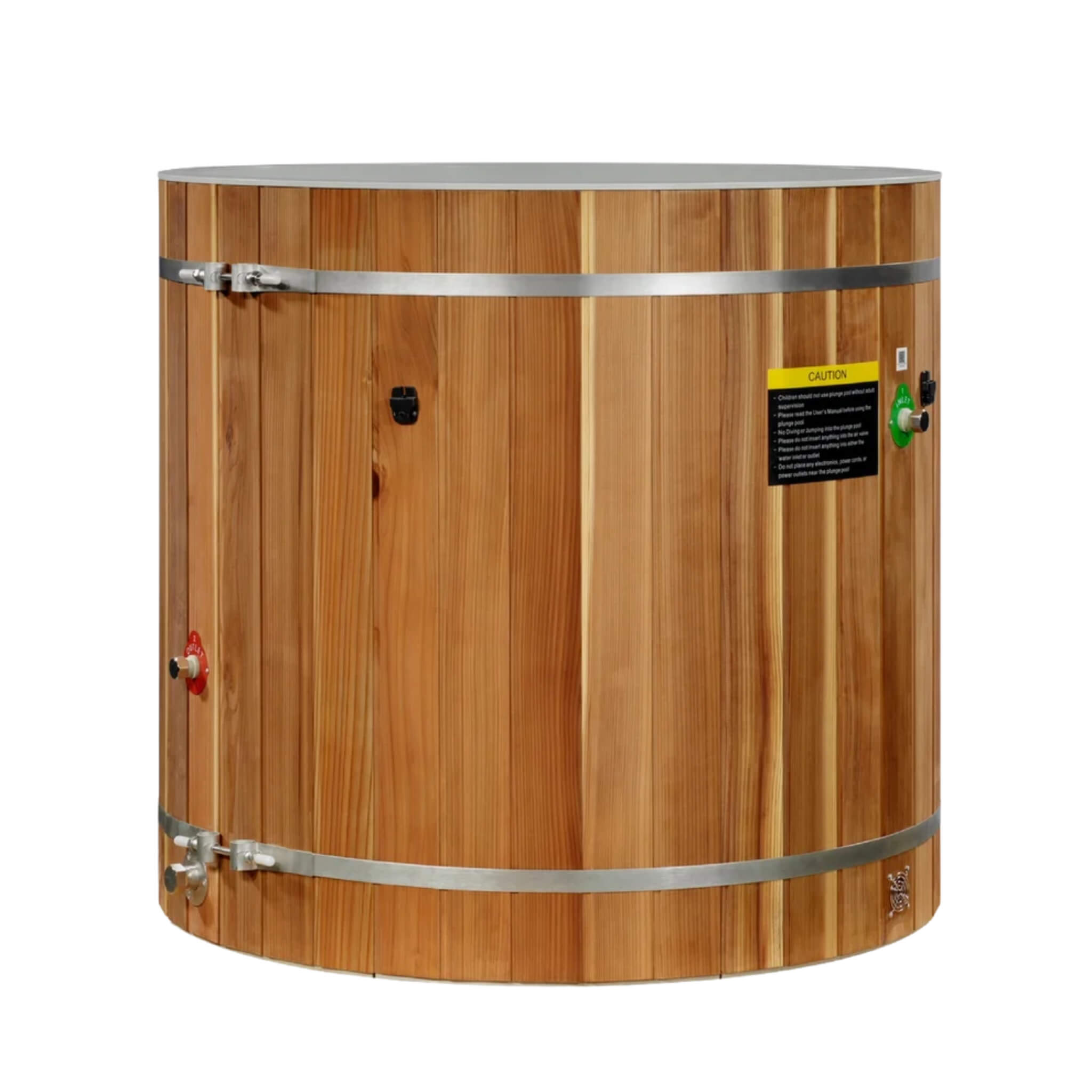 Dynamic Cold Therapy PVC Barrel Cold Plunge showing inlet and outlet valve placement
