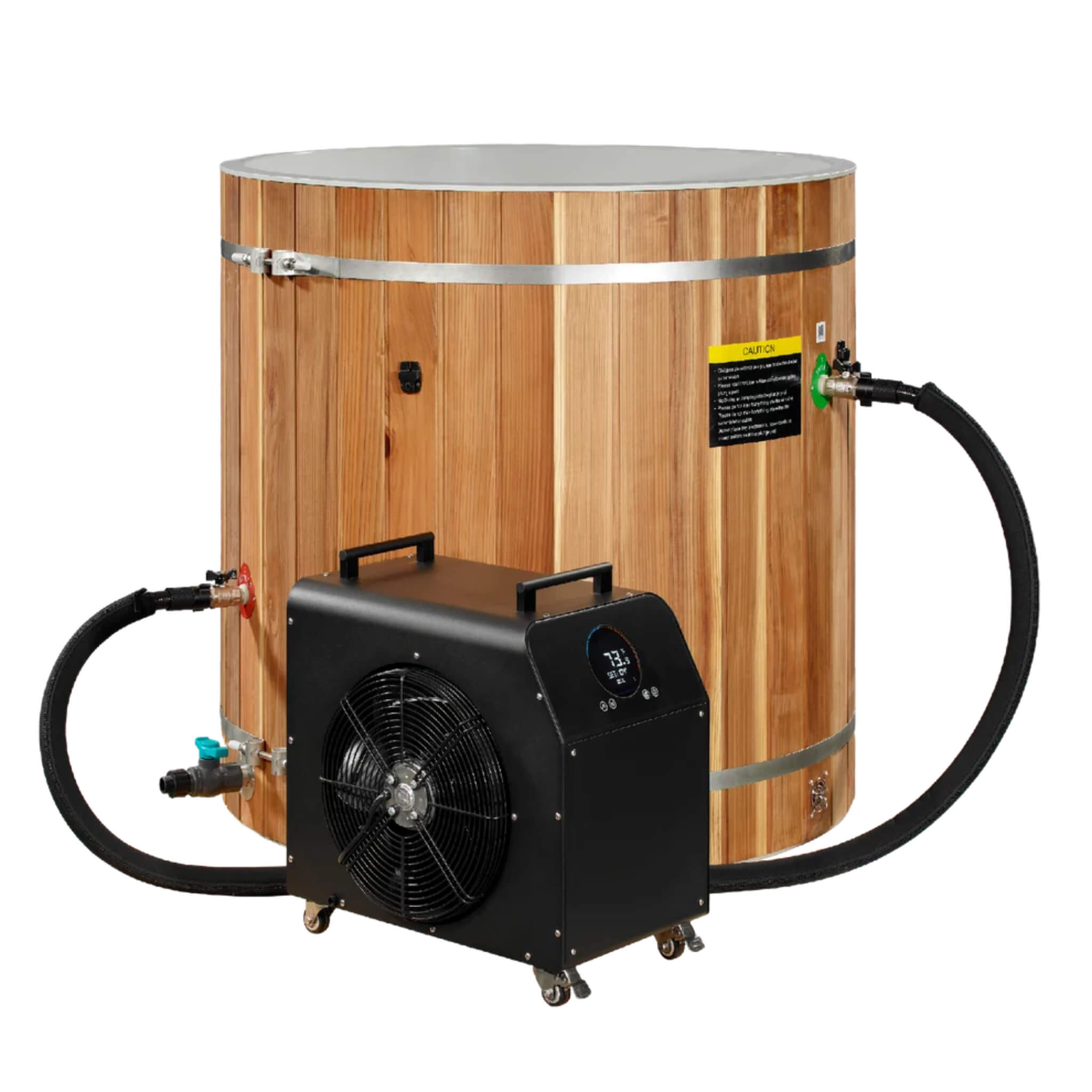 Dynamic Cold Therapy PVC Barrel Cold Plunge shown with optional chiller, sold separately