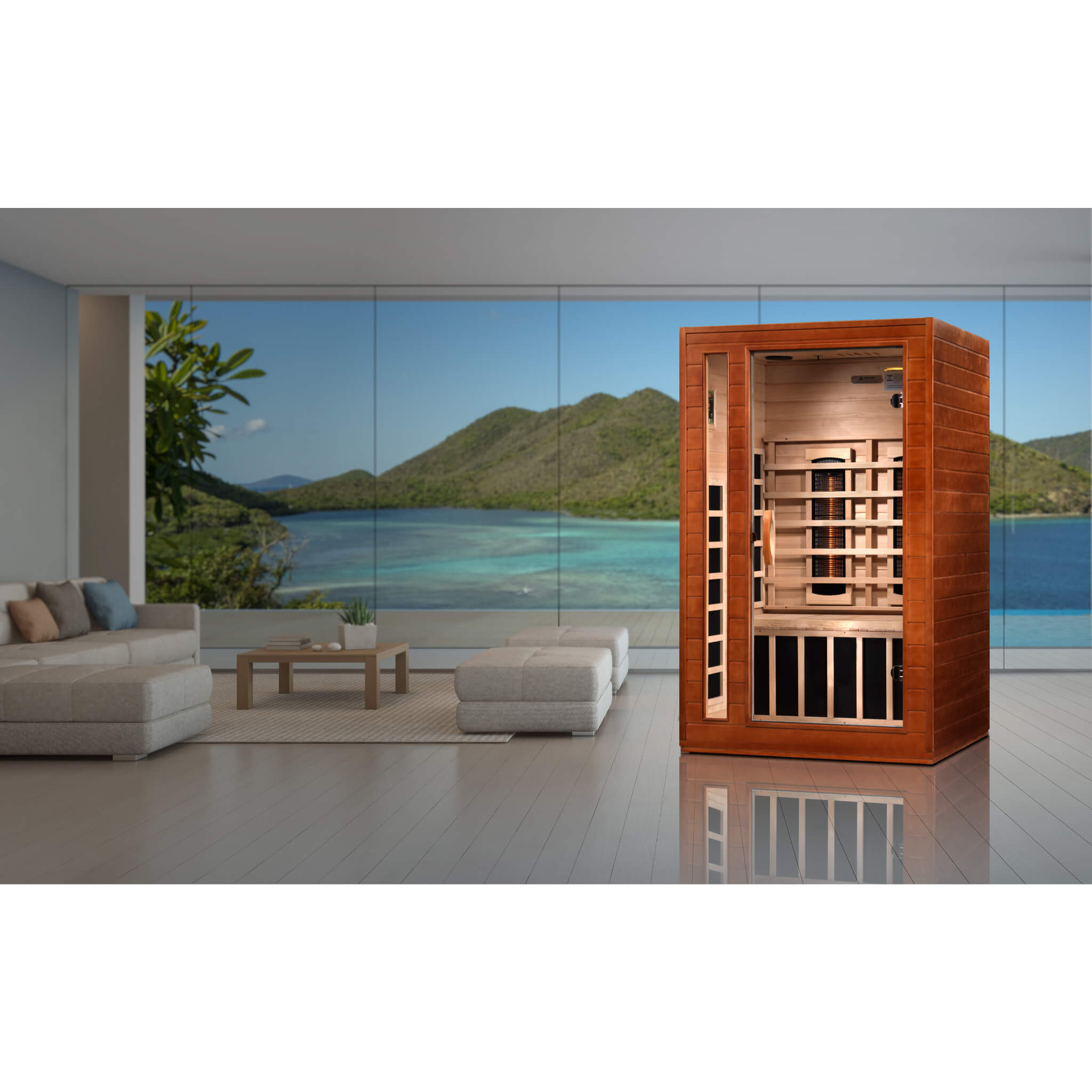 Dynamic Cordoba DYN-6203-02 FS 2-person Full Spectrum infrared sauna displayed in a modern luxury home wellness space