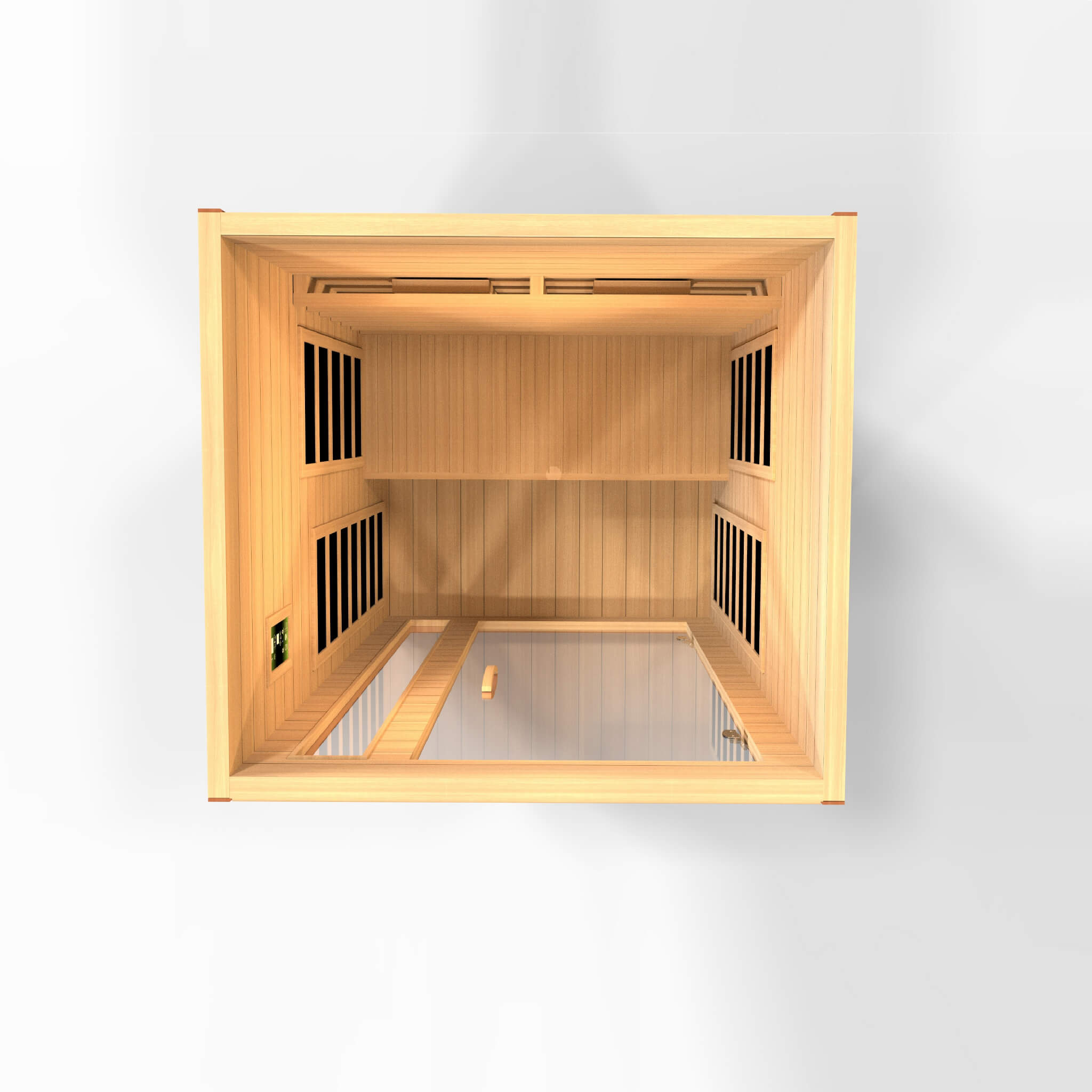 Top-down interior layout of the Dynamic Cordoba DYN-6203-02 FS Full Spectrum infrared sauna showing heater placement and seating area
