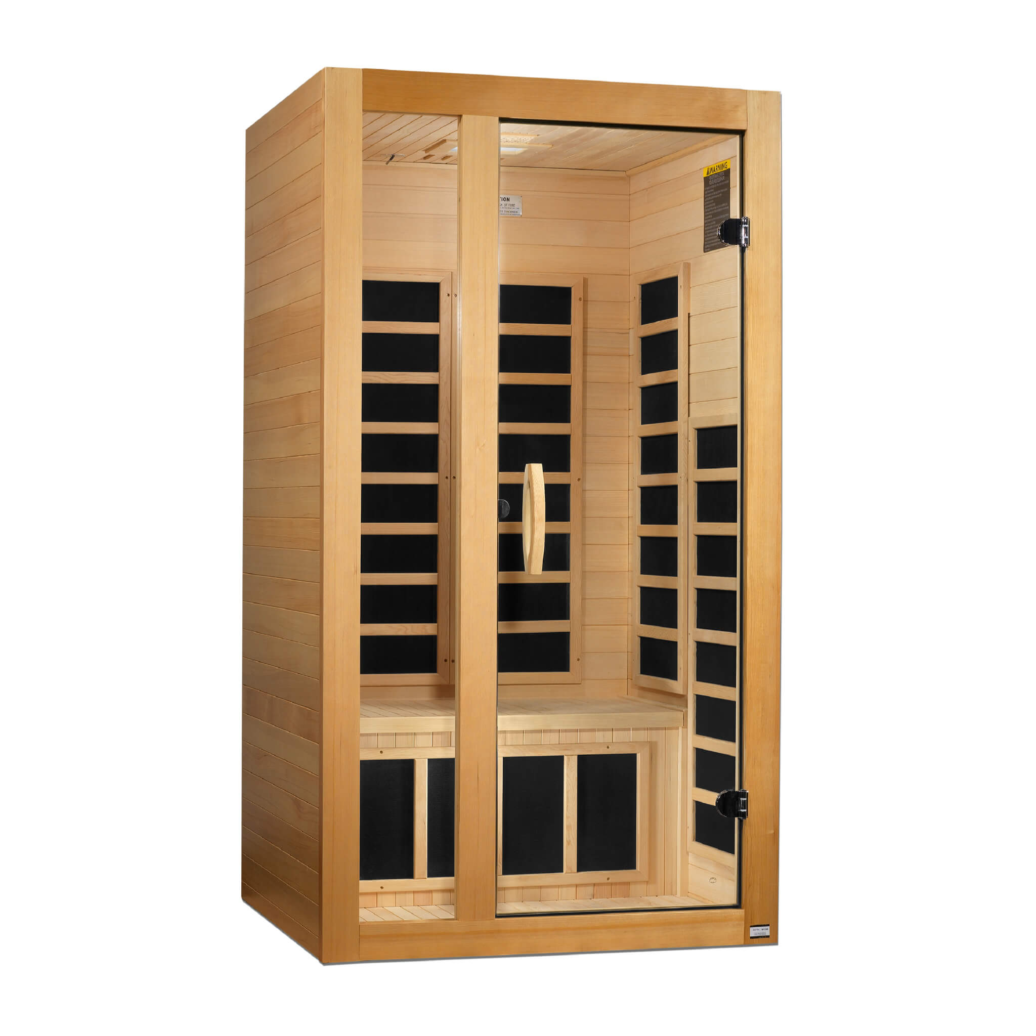 Dynamic Gracia Elite 1-2 Person Ultra Low EMF Far Infrared Sauna DYN-6119-01 Elite angled view showing cedar wood cabinet and glass door