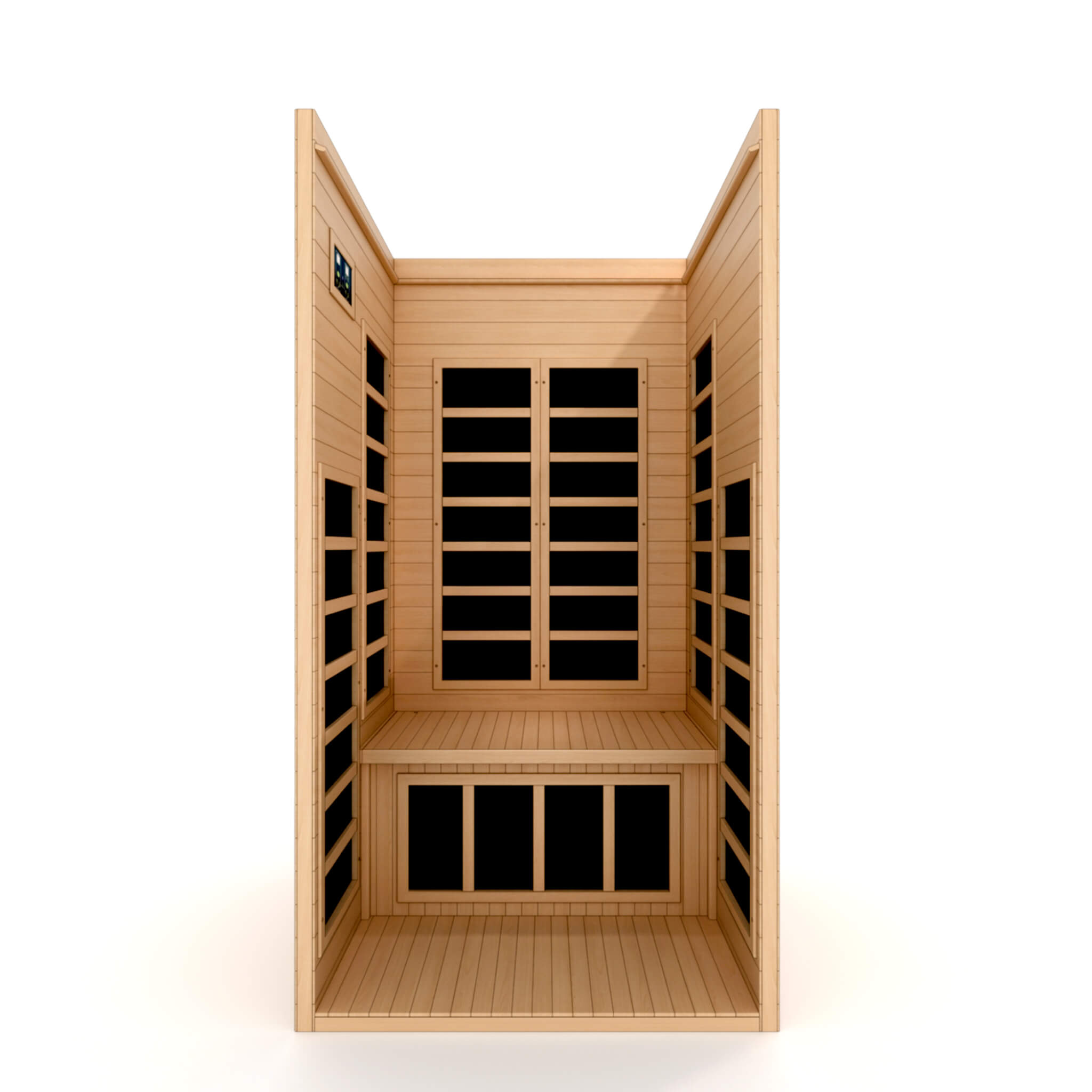 Dynamic Gracia Elite 1-2 Person Ultra Low EMF Far Infrared Sauna DYN-6119-01 Elite interior front view showing infrared heating panels