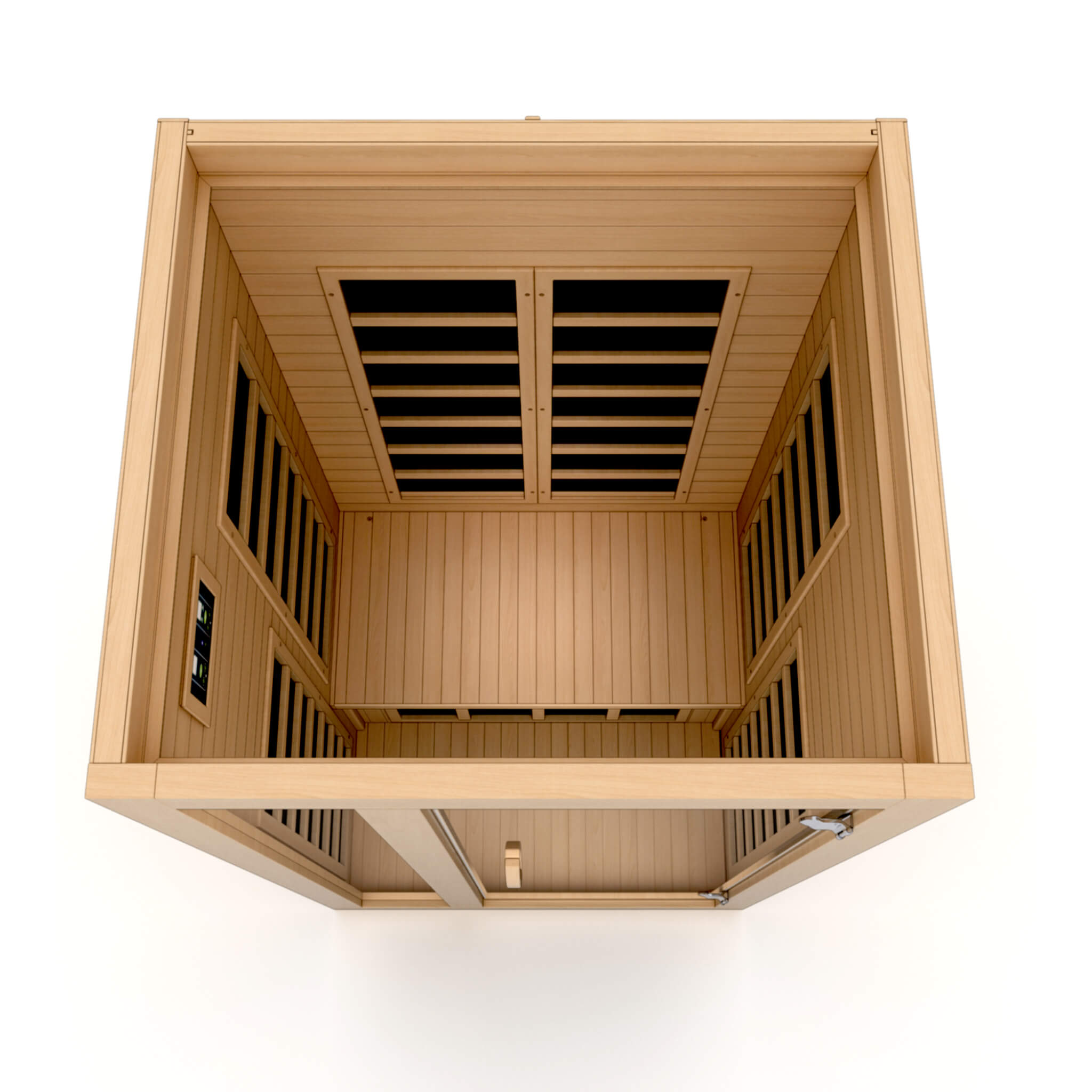 Dynamic Gracia Elite 1-2 Person Ultra Low EMF Far Infrared Sauna DYN-6119-01 Elite overhead interior view showing bench and heating panel layout