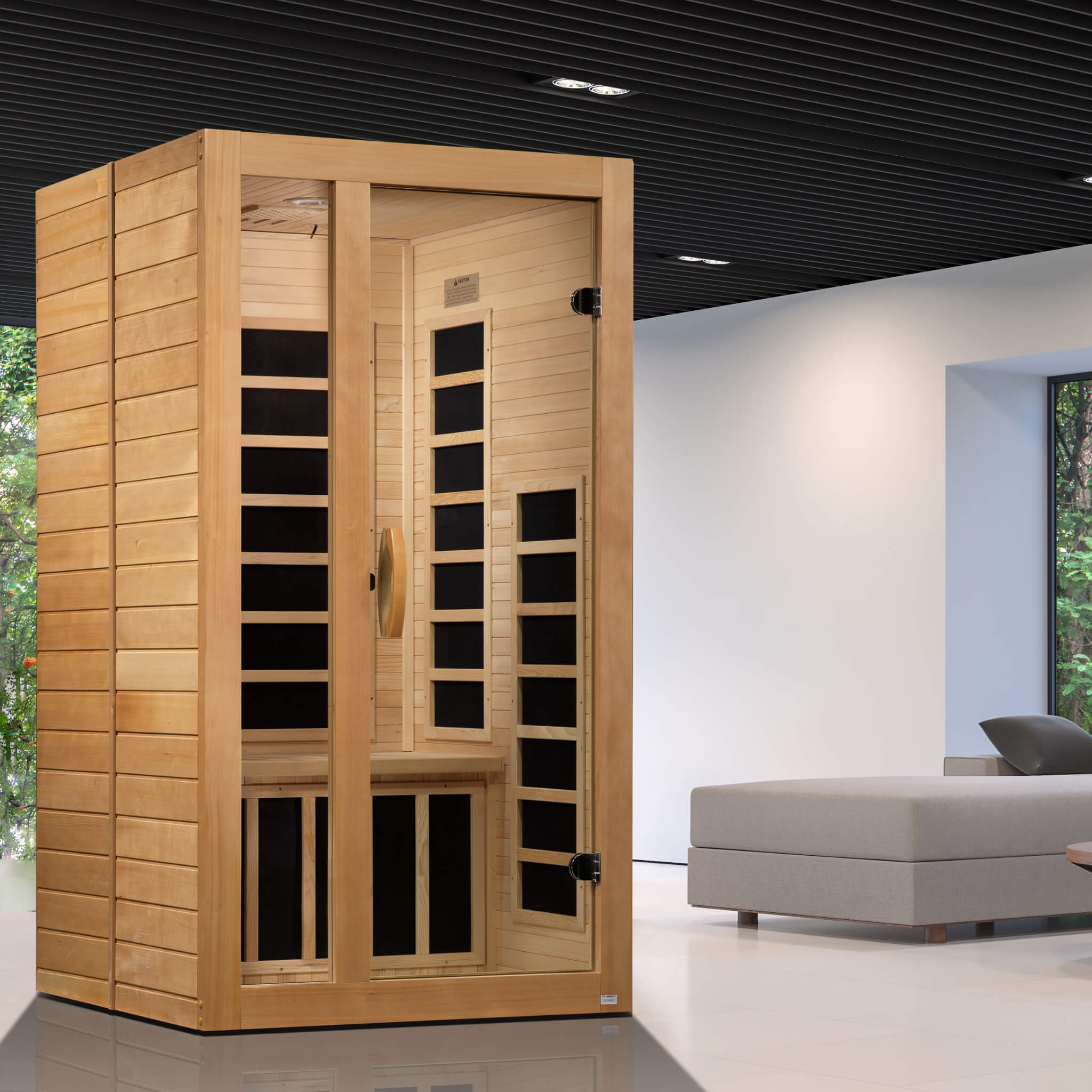 Dynamic Gracia Elite 1-2 Person Ultra Low EMF Far Infrared Sauna DYN-6119-01 Elite shown in a modern home lifestyle setting