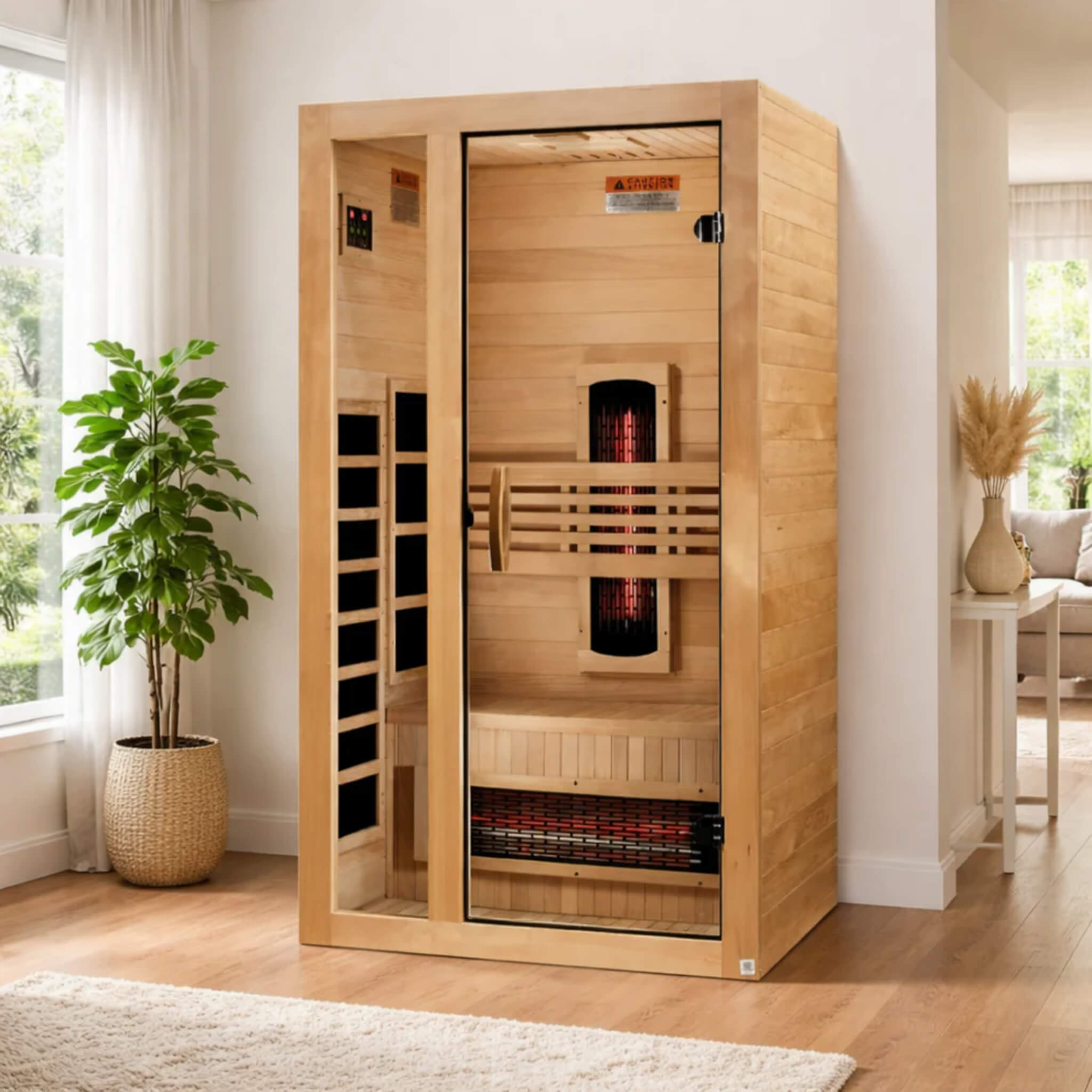 Dynamic Gracia Full Spectrum 1-2 person infrared sauna in a modern living room setting