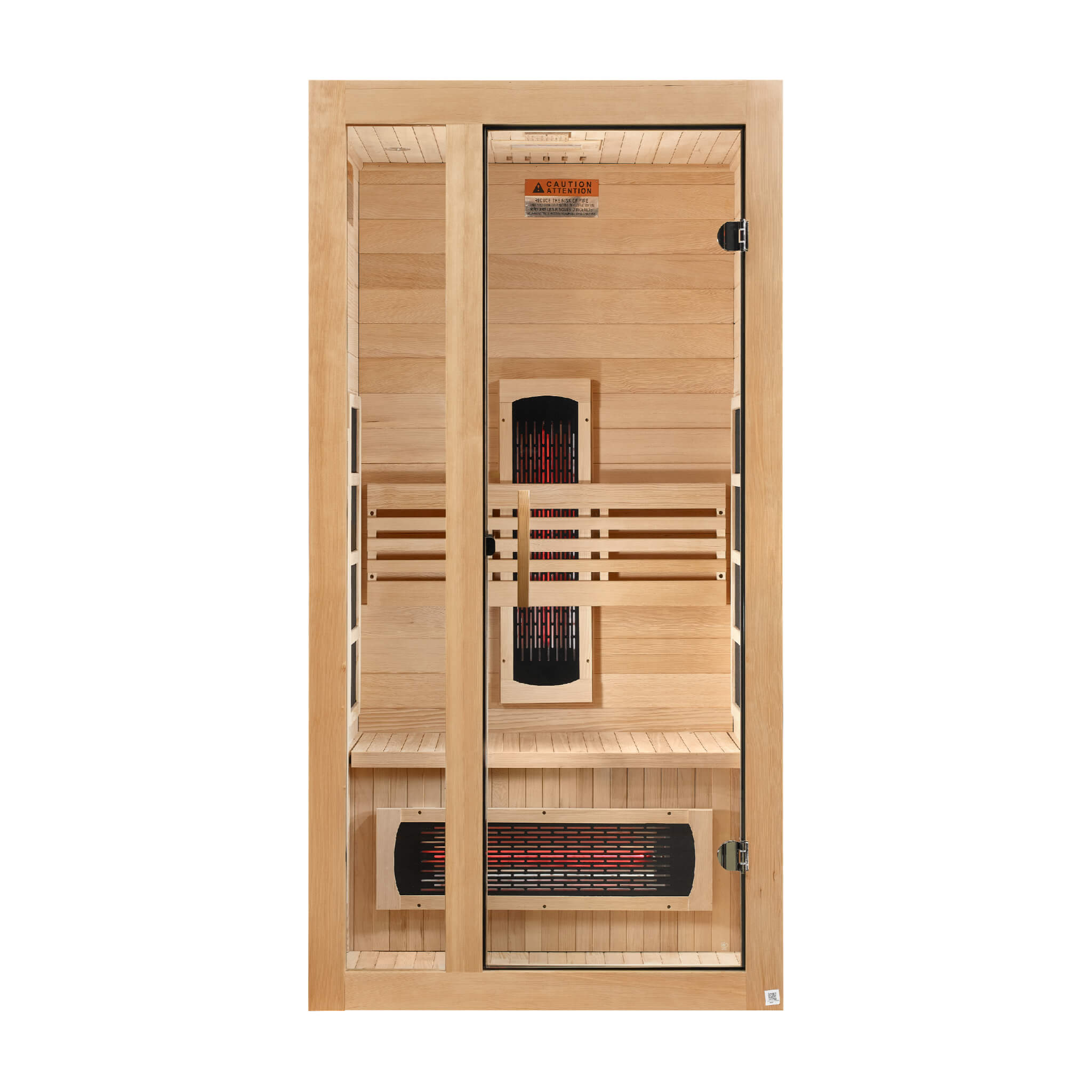 Front view of the Dynamic Gracia Full Spectrum sauna with tempered glass door and Near Zero EMF carbon heating panels