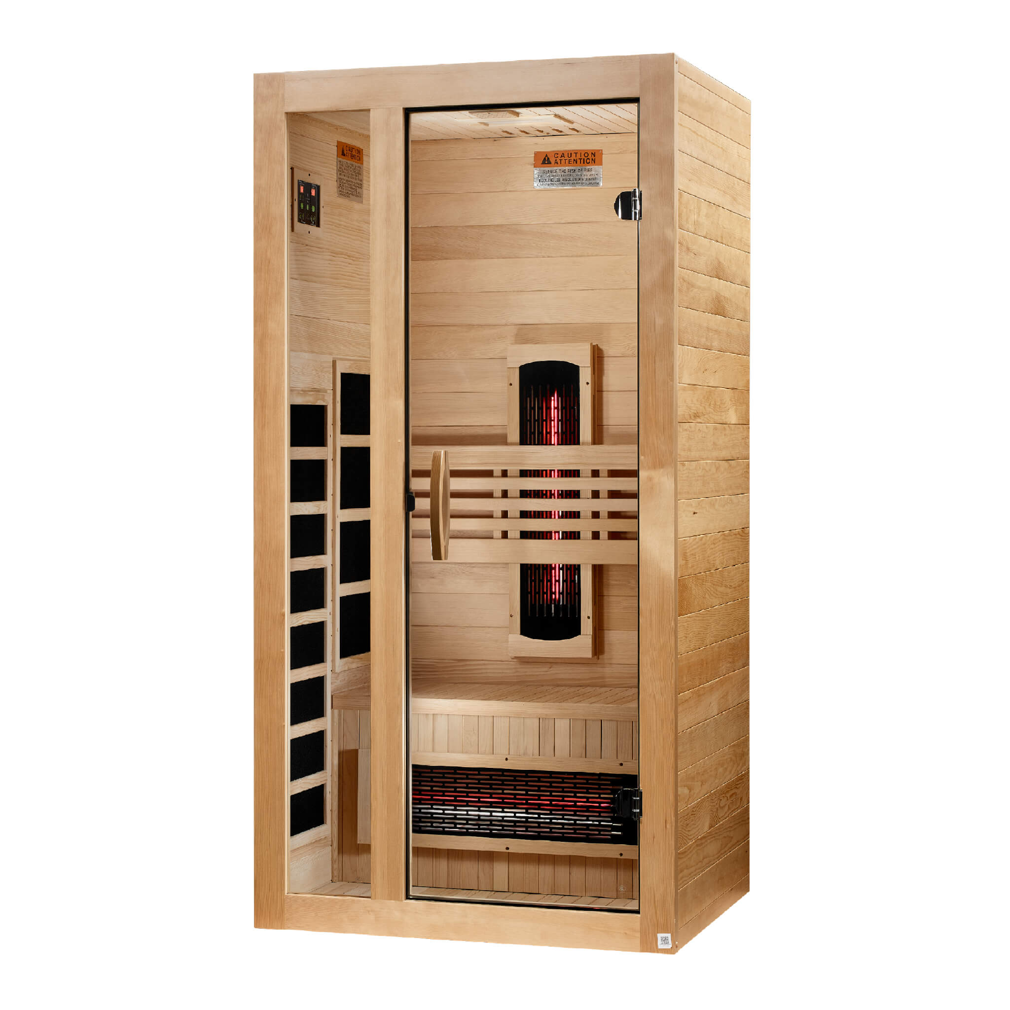 Left angle view of the Dynamic Gracia Full Spectrum sauna cabin and glass door