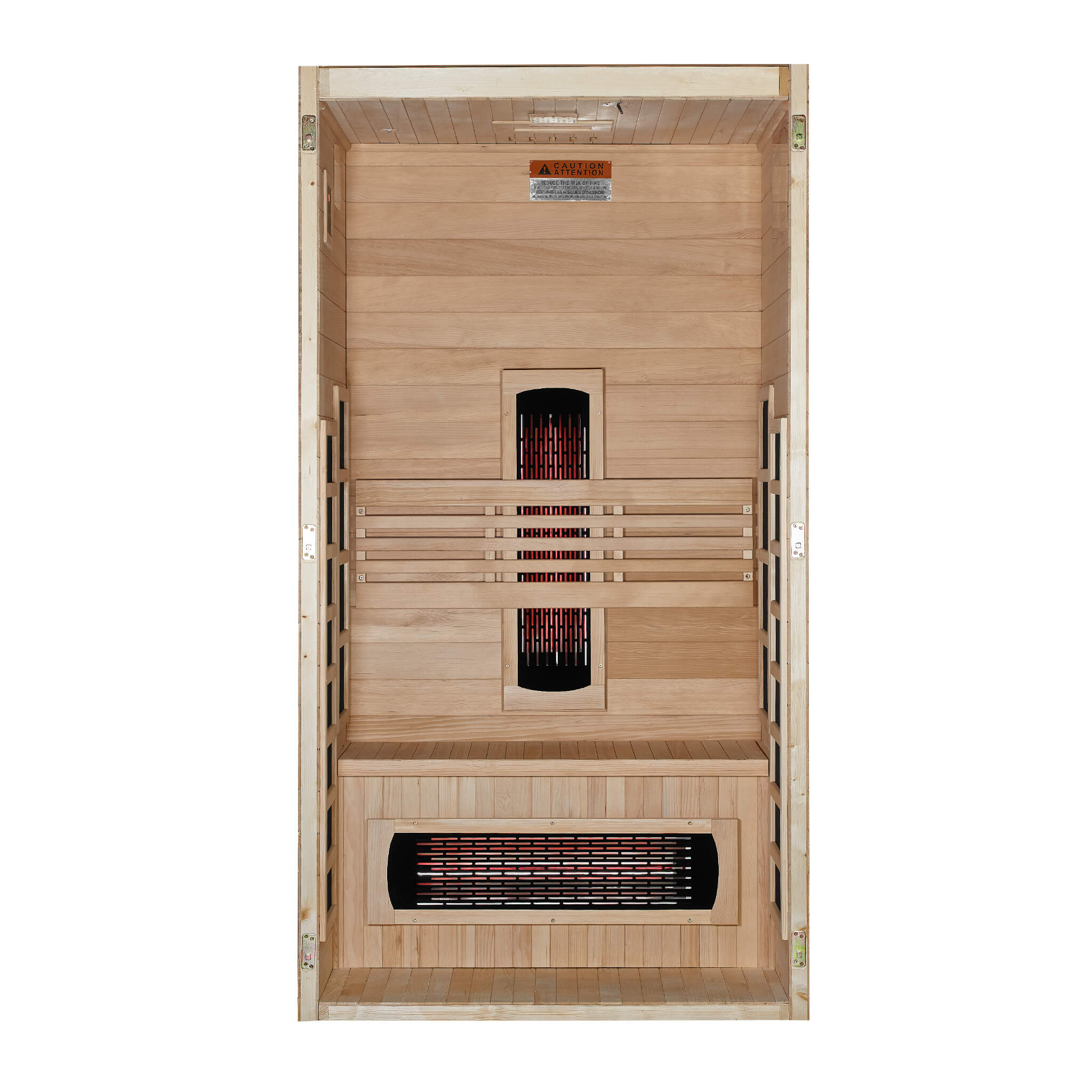 Interior view of the Dynamic Gracia Full Spectrum sauna showing 4 Near Zero EMF FAR infrared panels and 2 near infrared heaters