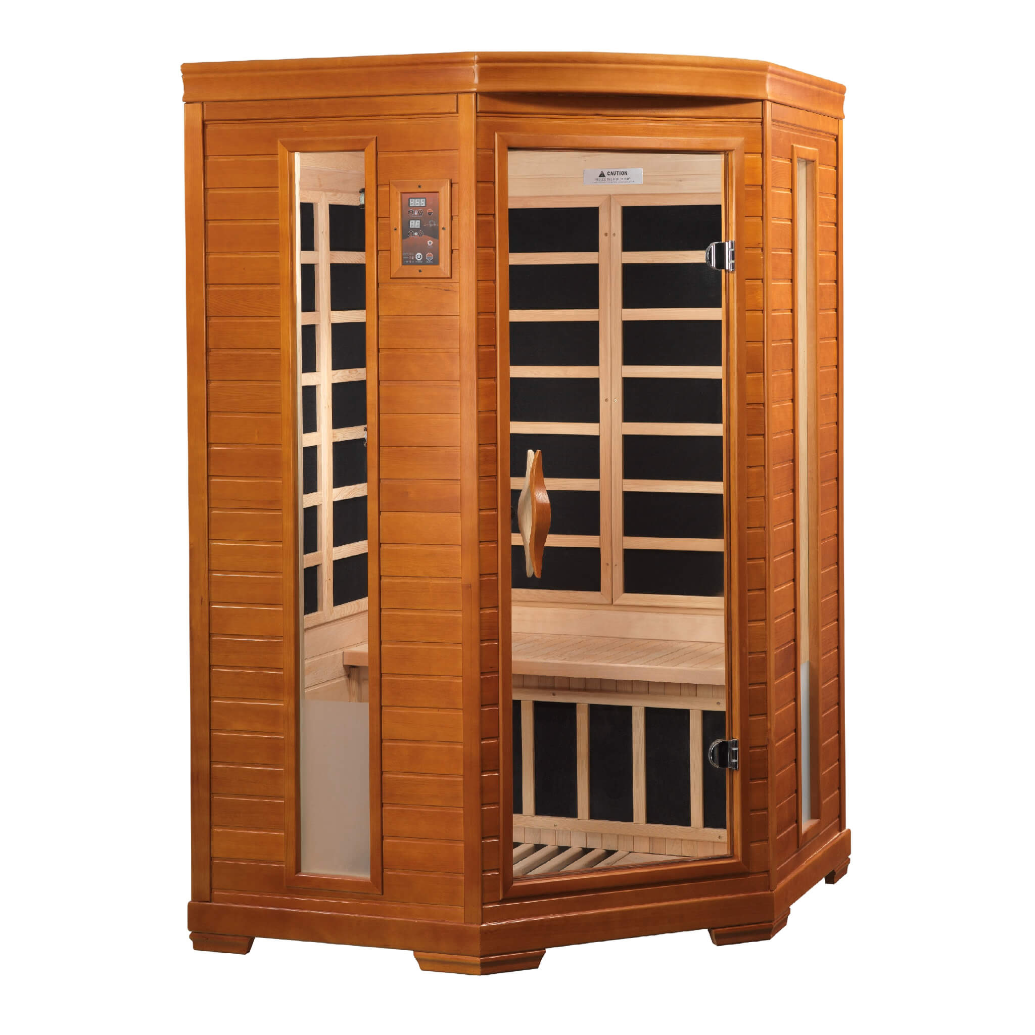 Dynamic Heming 2-person corner infrared sauna, angled view showing interior and control panel