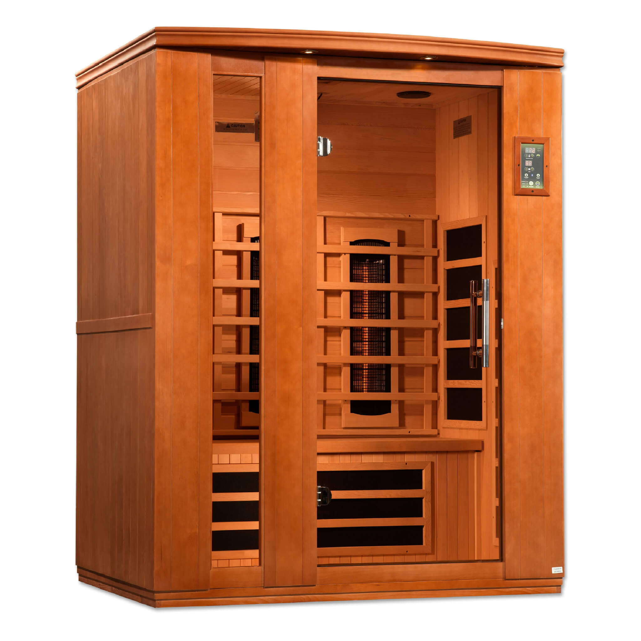 Dynamic Lugano 3 Person Full Spectrum Sauna DYN-6336-03 FS angled left view showing interior benches and heaters