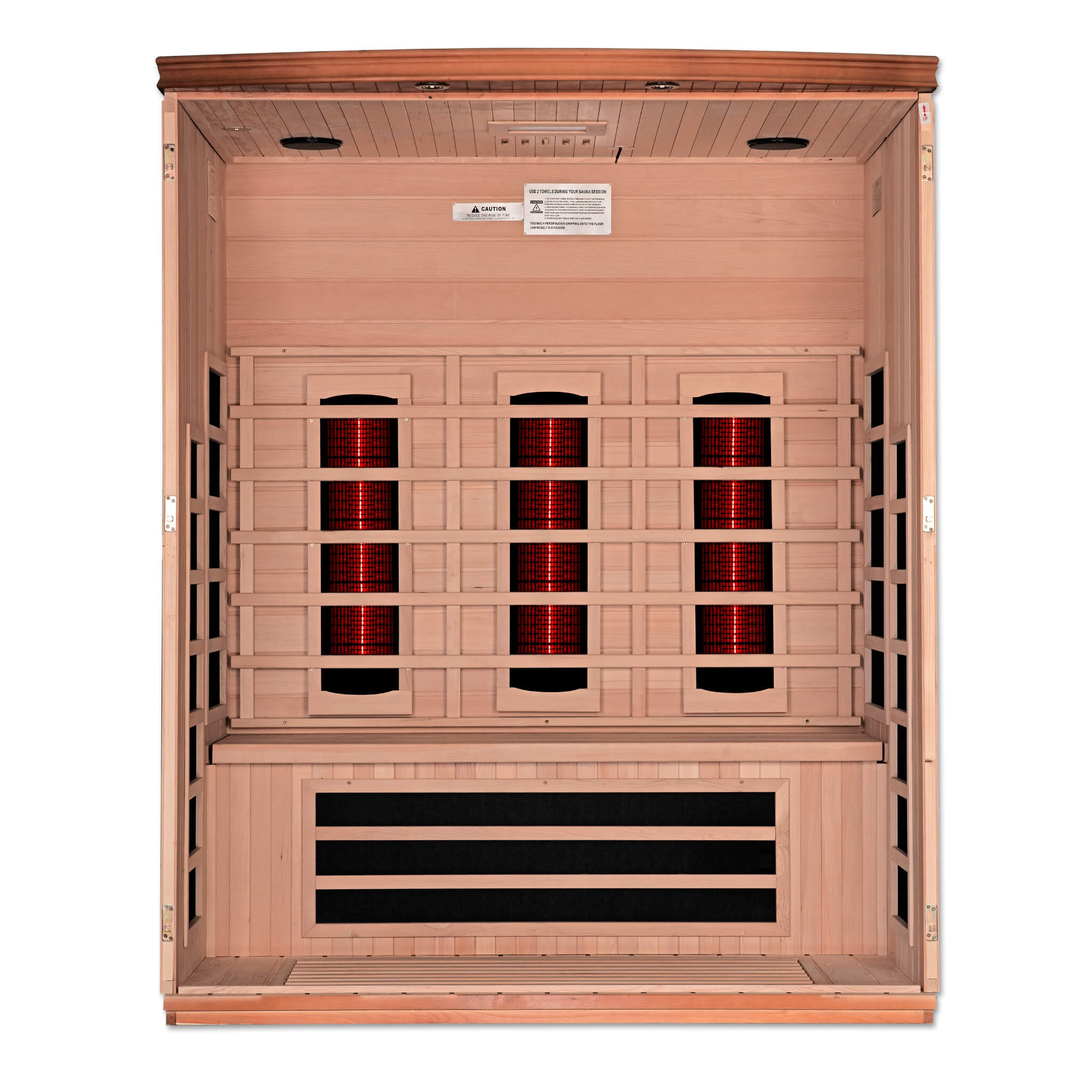 Dynamic Lugano 3 Person Full Spectrum Sauna DYN-6336-03 FS interior view of back panel infrared heaters and bench