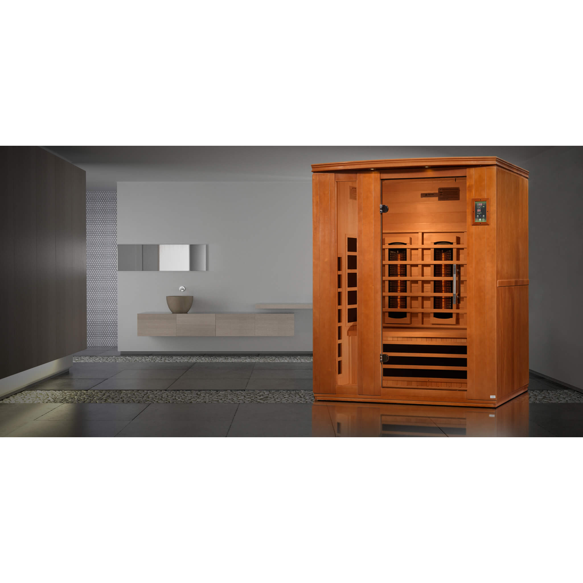 Dynamic Lugano 3 Person Full Spectrum Sauna DYN-6336-03 FS shown in a modern bathroom lifestyle setting