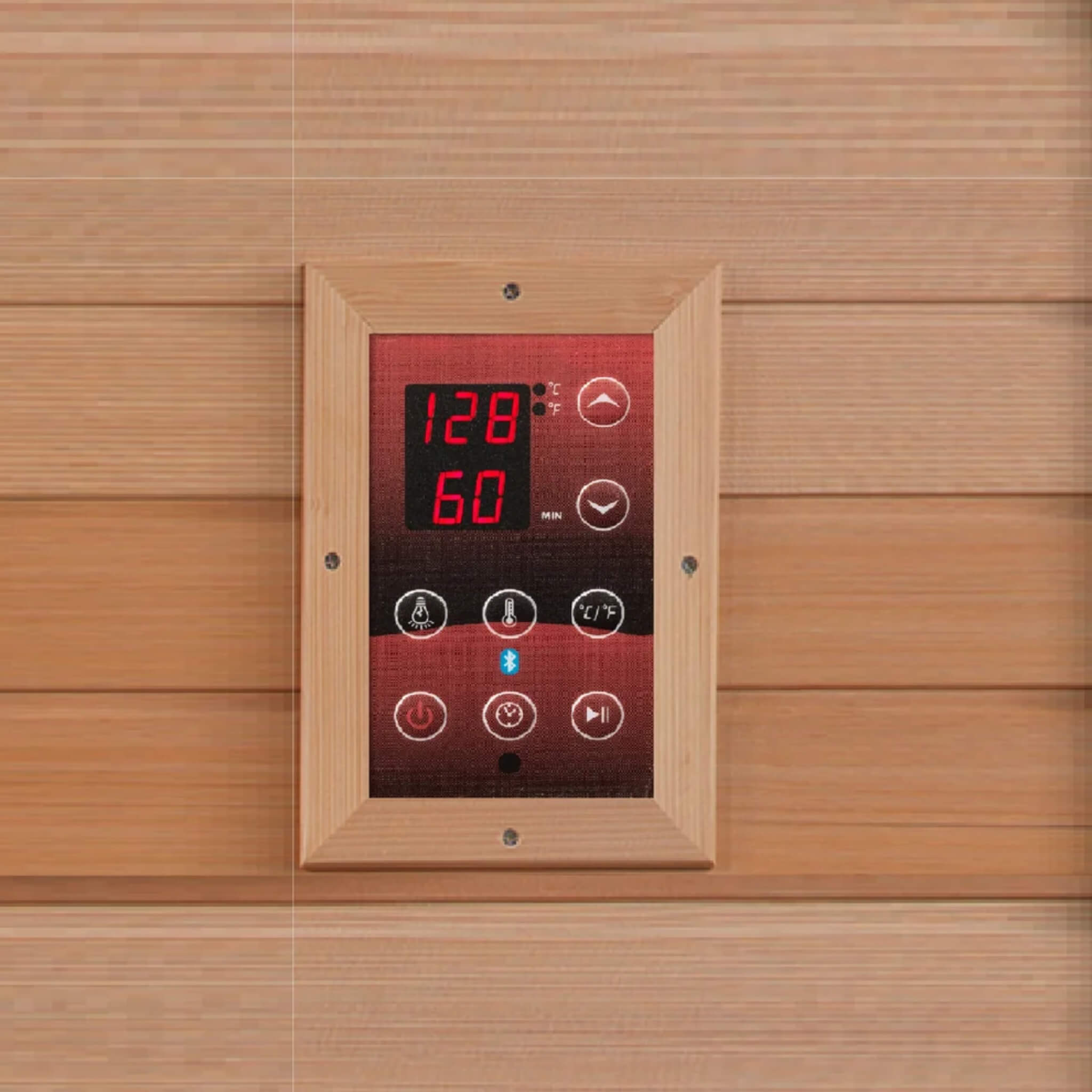 Close-up of the Dynamic Monaco sauna's interior LED control panel showing temperature and timer display
