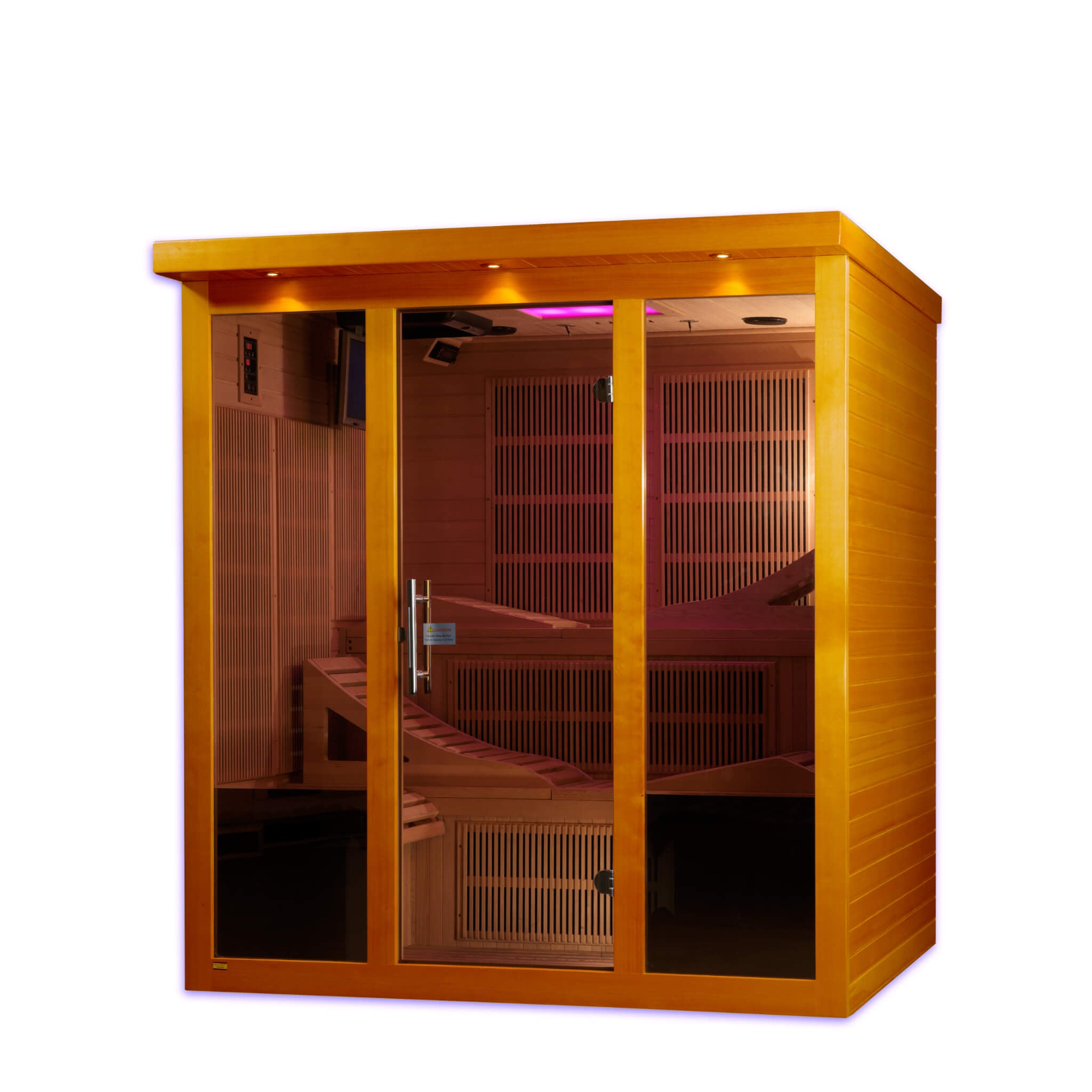 Dynamic Monaco sauna front view with chromotherapy lighting visible through the glass door