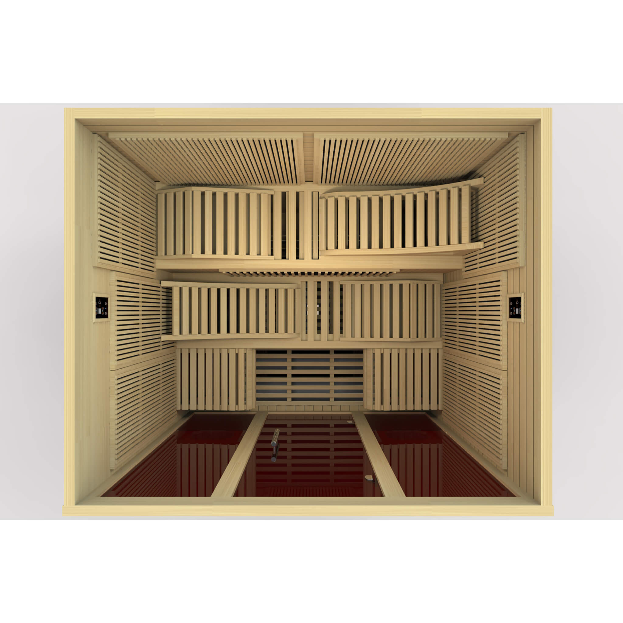 Overhead cutaway rendering of the Dynamic Monaco 6 person sauna showing stepped bench layout