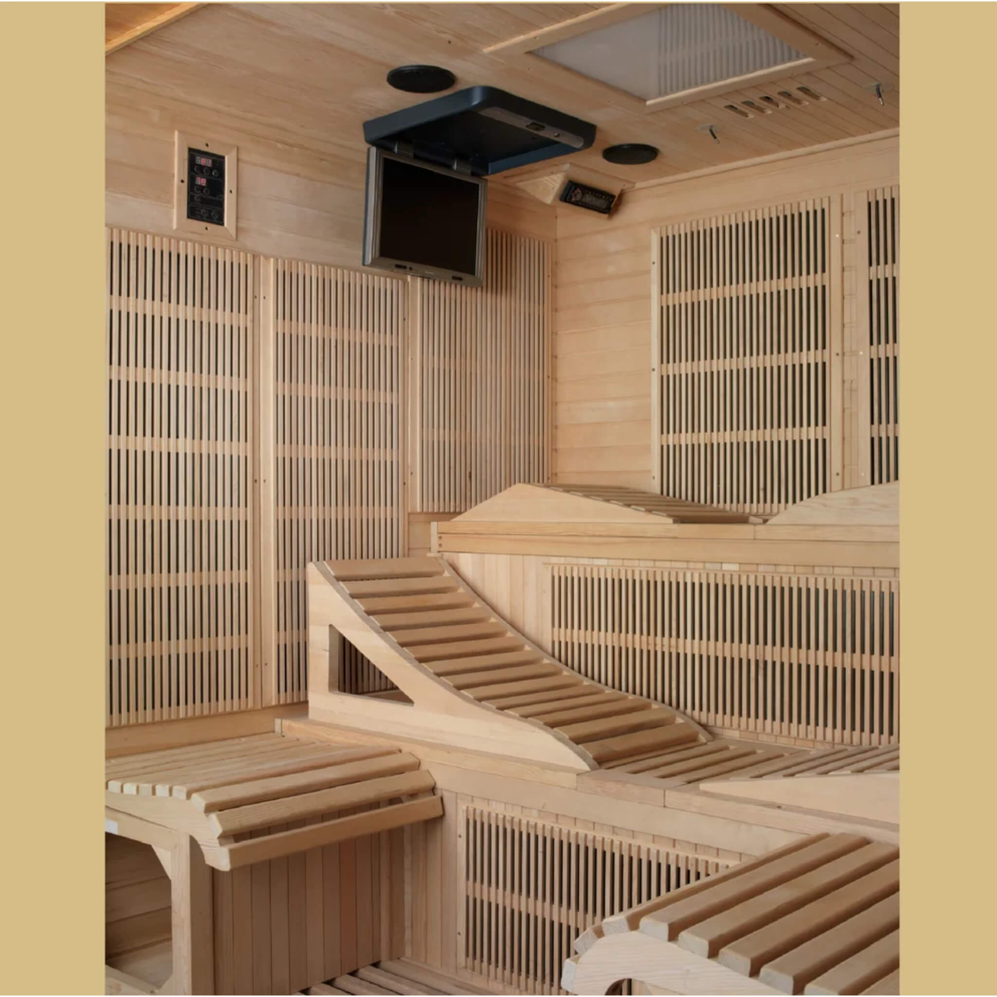 Interior photo of the Dynamic Monaco sauna showing the ceiling-mounted monitor and wall heating panels