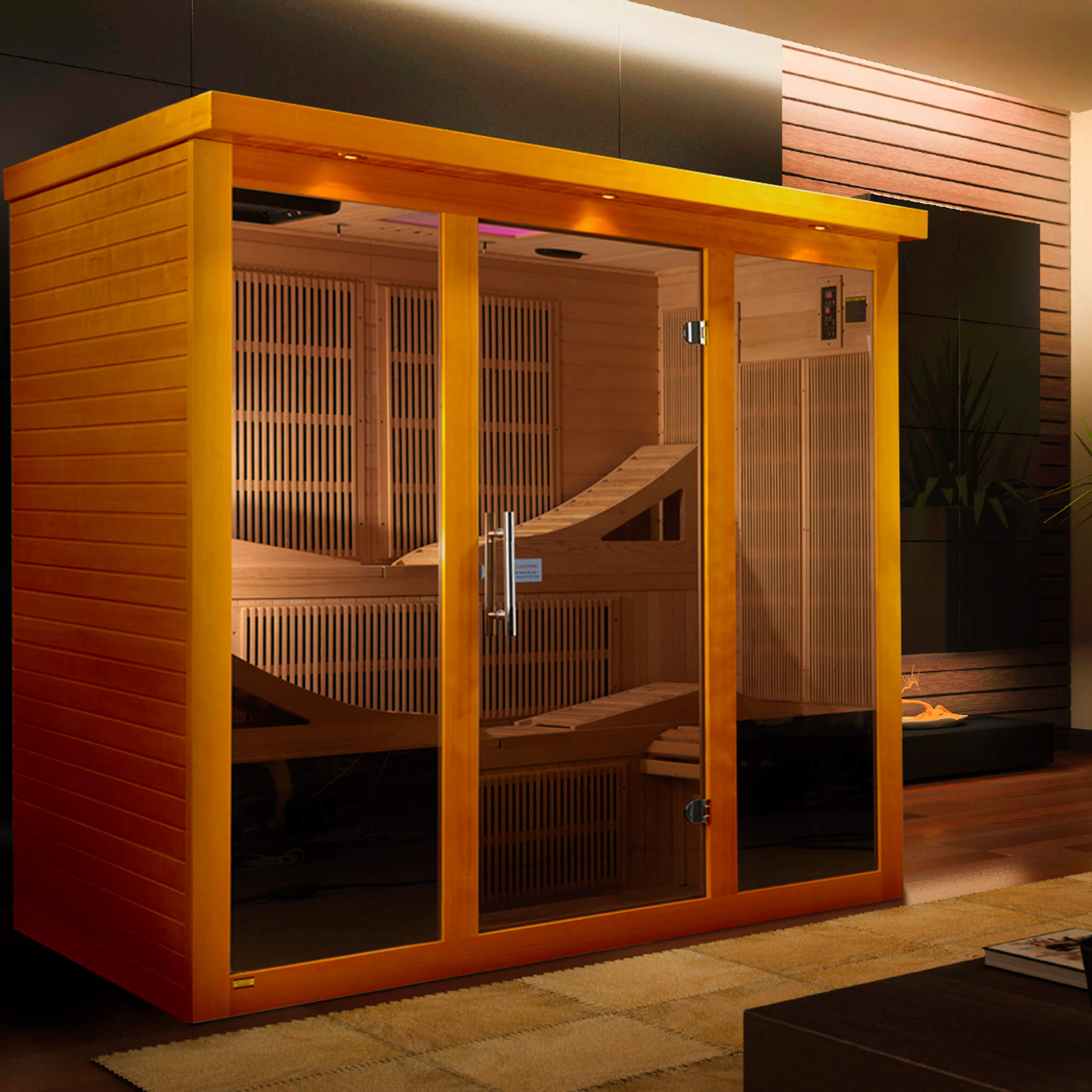 Dynamic Monaco 6 person ultra low EMF sauna shown in a modern room setting