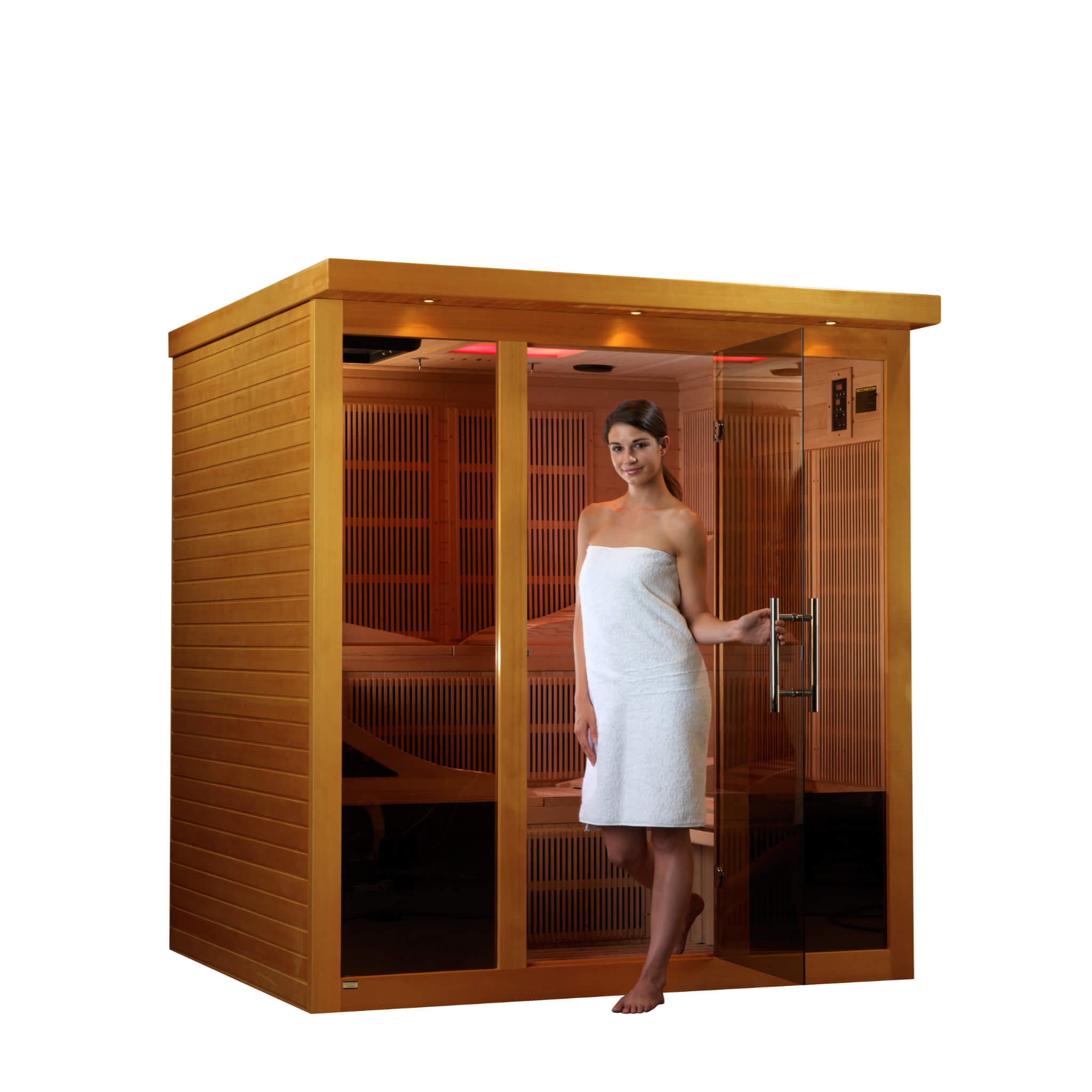 Woman exiting the Dynamic Monaco 6 person ultra low EMF sauna with the glass door open
