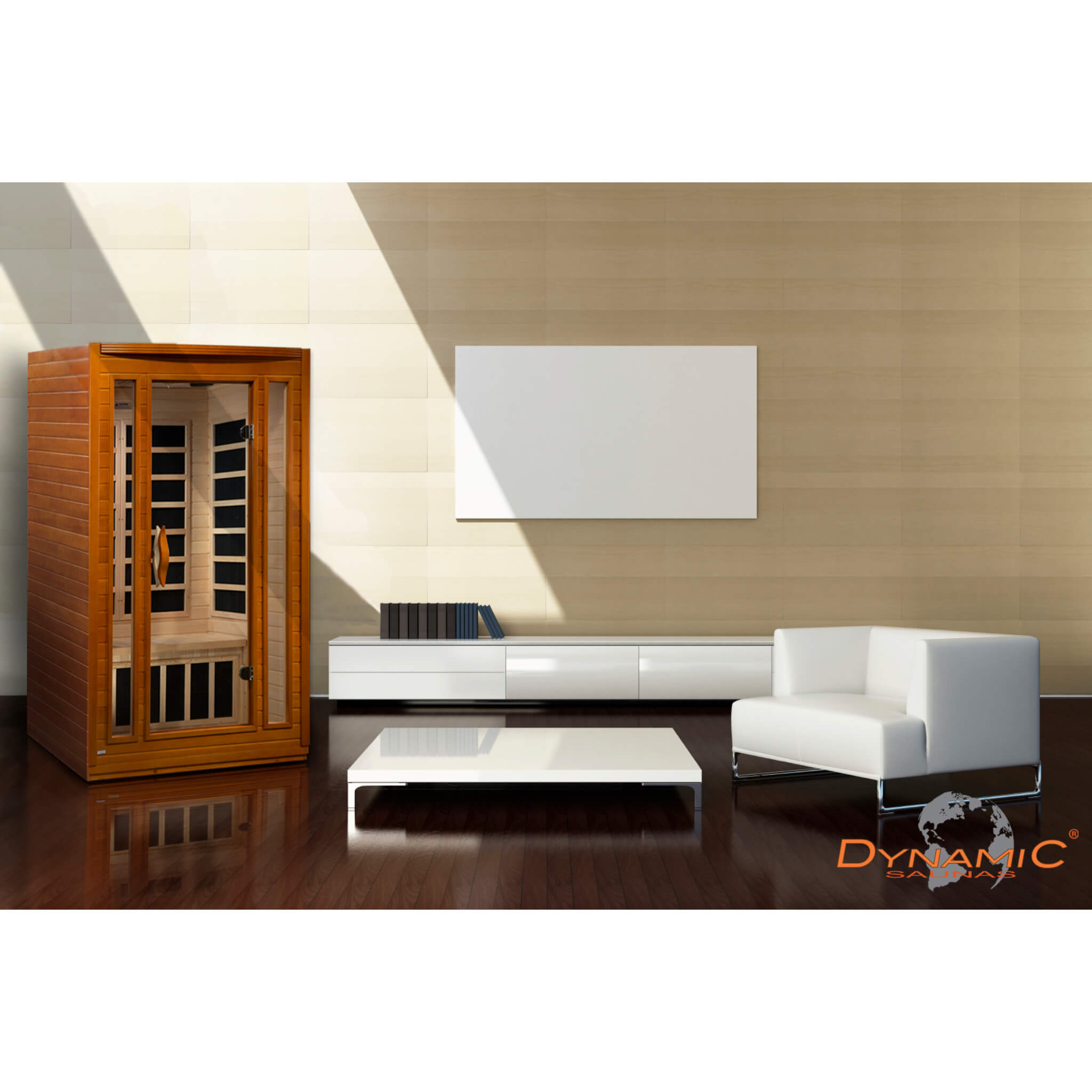 Dynamic San Marino Elite 2 Person Ultra Low EMF Far Infrared Sauna installed in a modern home