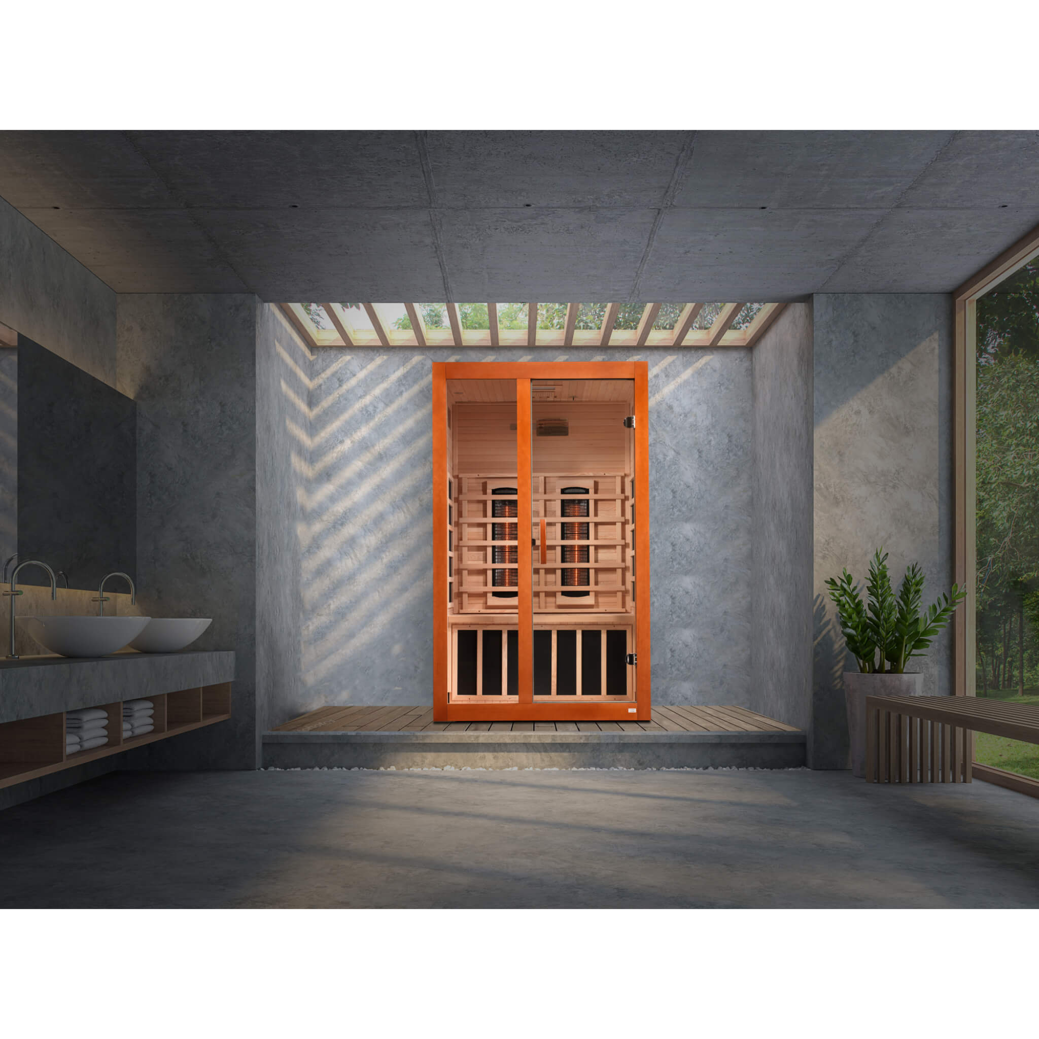 Dynamic Santiago DYN-6209-03 FS 2 Person Full Spectrum IR Sauna installed in a modern home wellness room