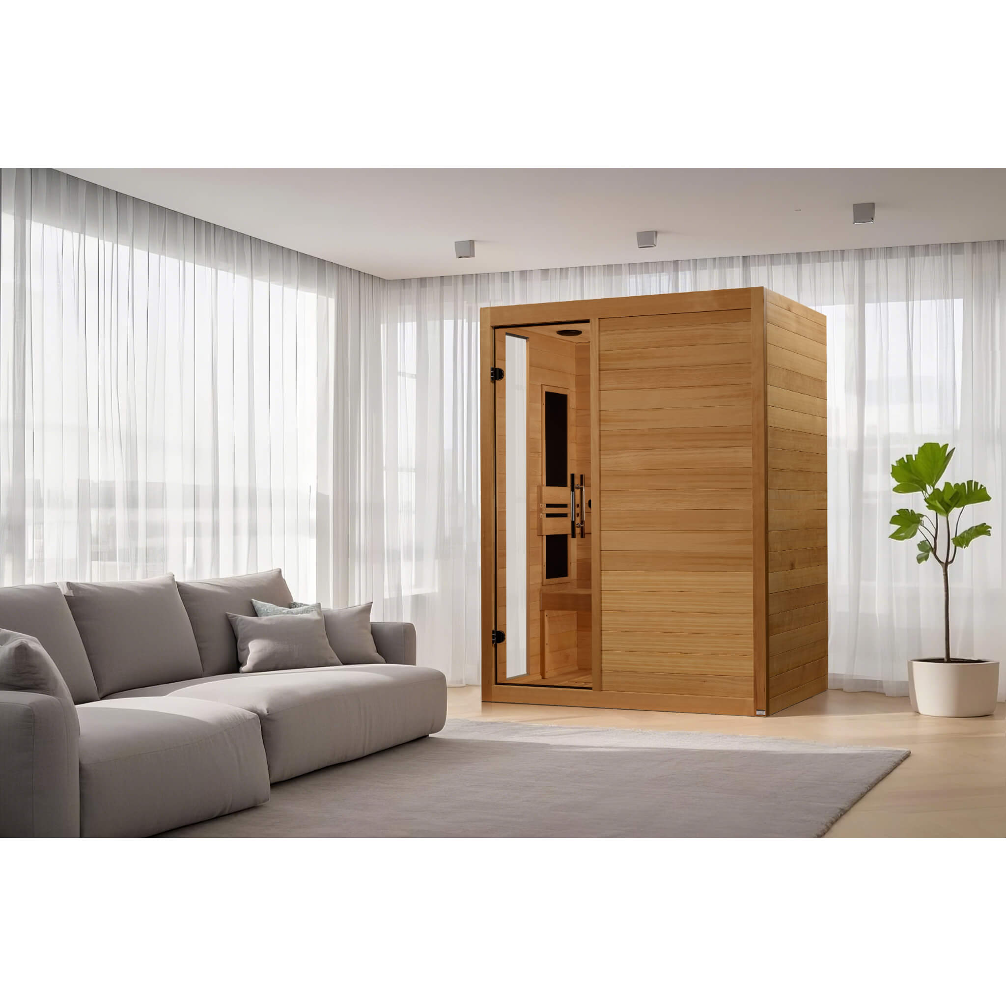 Side angle of the Dynamic Toscana 3 Person Ultra Low EMF FAR Infrared Sauna (DYN-6315-05 Elite) in a home wellness space