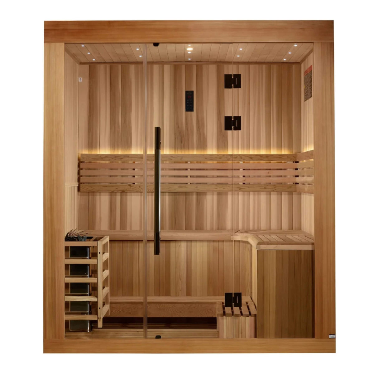 Golden Designs Copenhagen GDI-7389-02 3 person traditional steam sauna, front exterior view with glass door
