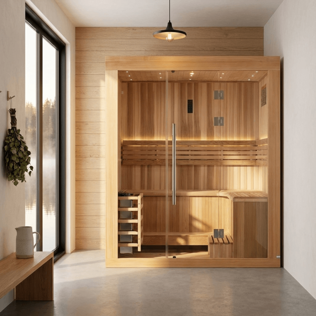 Golden Designs Copenhagen GDI-7389-02 traditional steam sauna in a bright Scandinavian-style home spa room with a misty lake view through the window