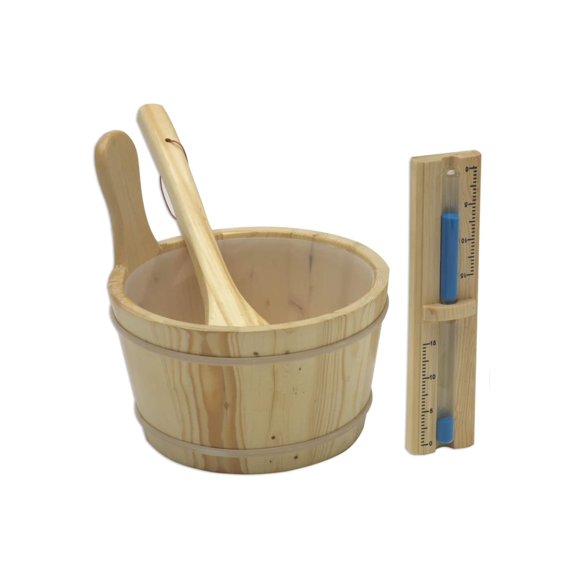 Engelberg sauna included wooden bucket, scoop, and sandglass accessories