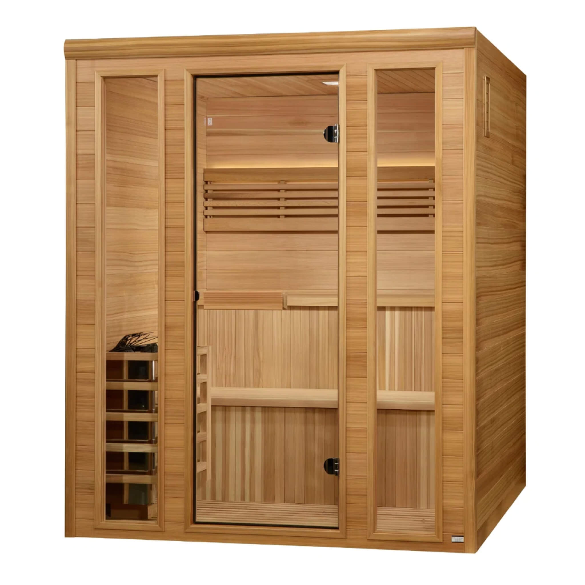Golden Designs Engelberg 6 person traditional sauna left angle view showing cedar wall panels