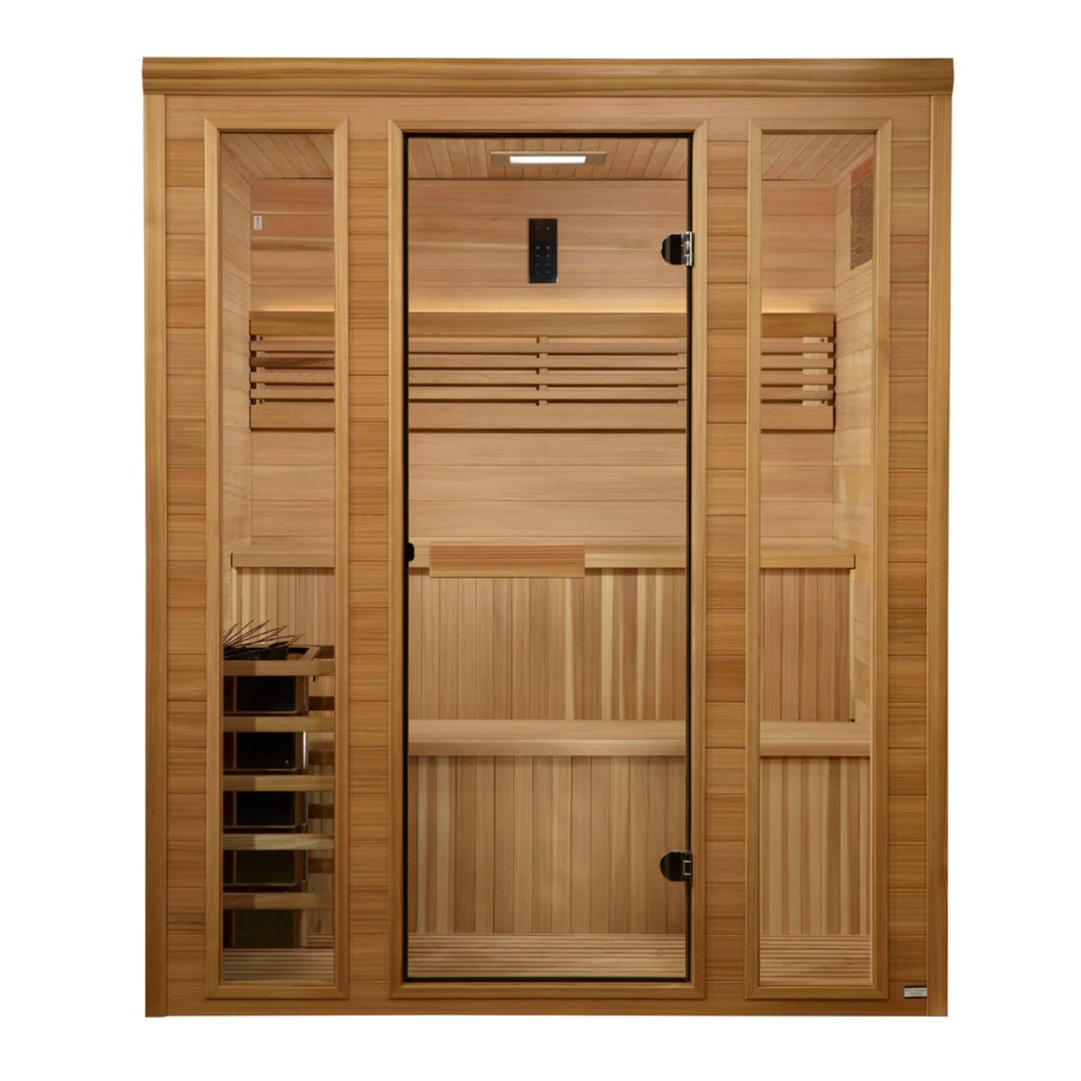 Golden Designs Engelberg 6 person traditional sauna front view with glass door and control panel