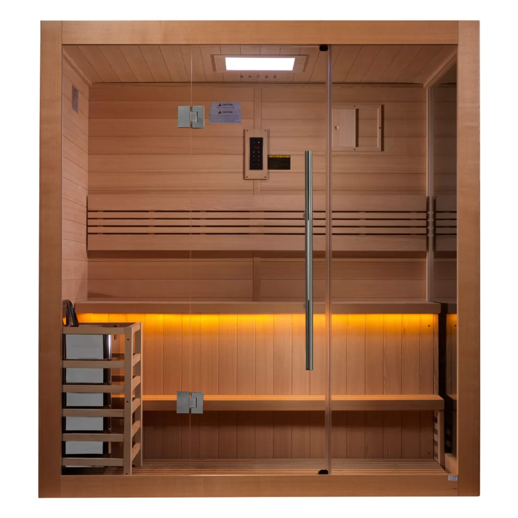 Golden Designs Forssa GDI-7203-01 3-4 person traditional steam sauna, straight-on front view with glass door and interior bench