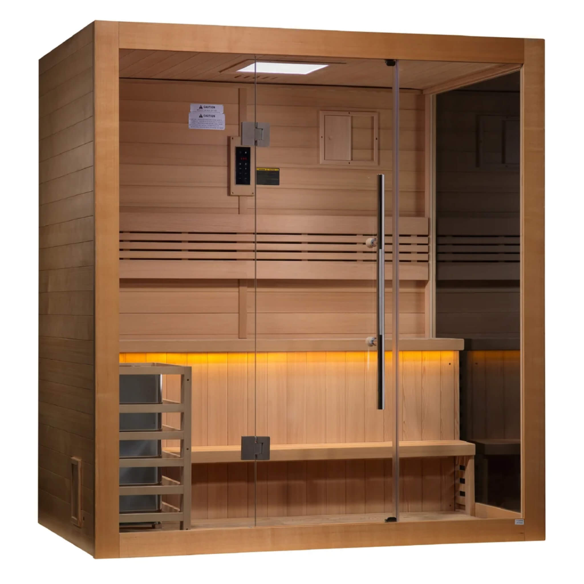 Golden Designs Forssa GDI-7203-01 traditional sauna, left angle exterior view showing the control panel and cedar interior