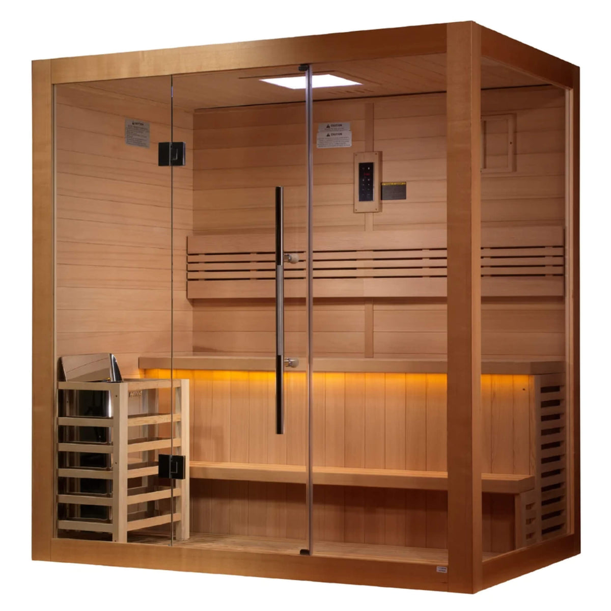 Golden Designs Forssa GDI-7203-01 traditional sauna, right angle exterior view showing the heater and bench