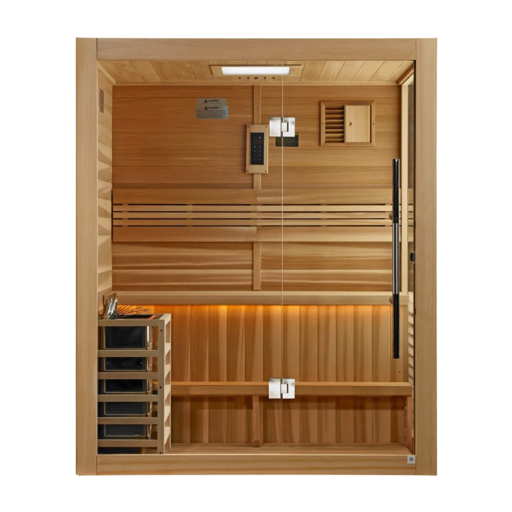 Golden Designs Hanko GDI-7202-01 2-3 person traditional steam sauna, front view with glass door and interior bench visible