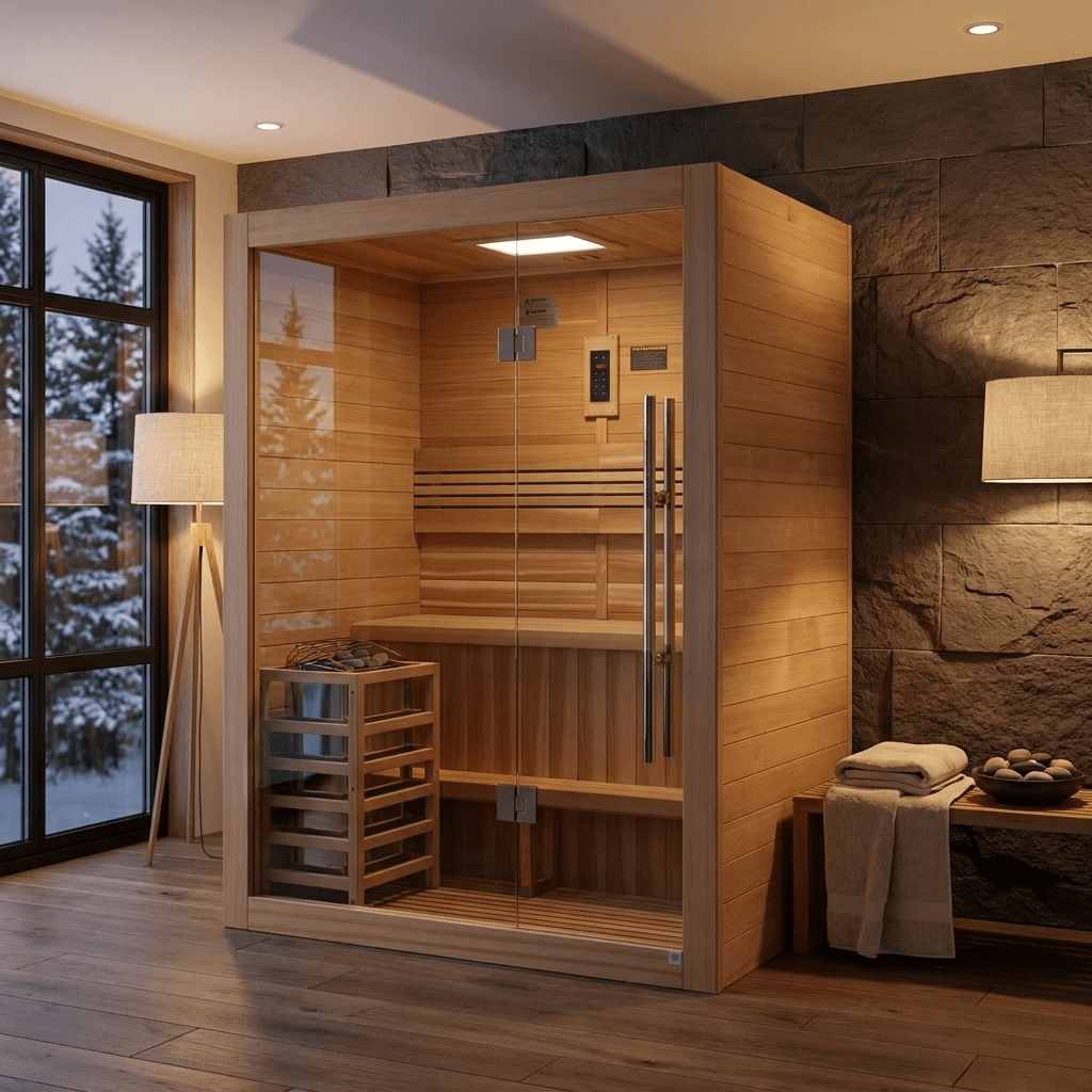 Golden Designs Hanko GDI-7202-01 traditional steam sauna in a warm home spa setting with snow-covered pines visible through the window