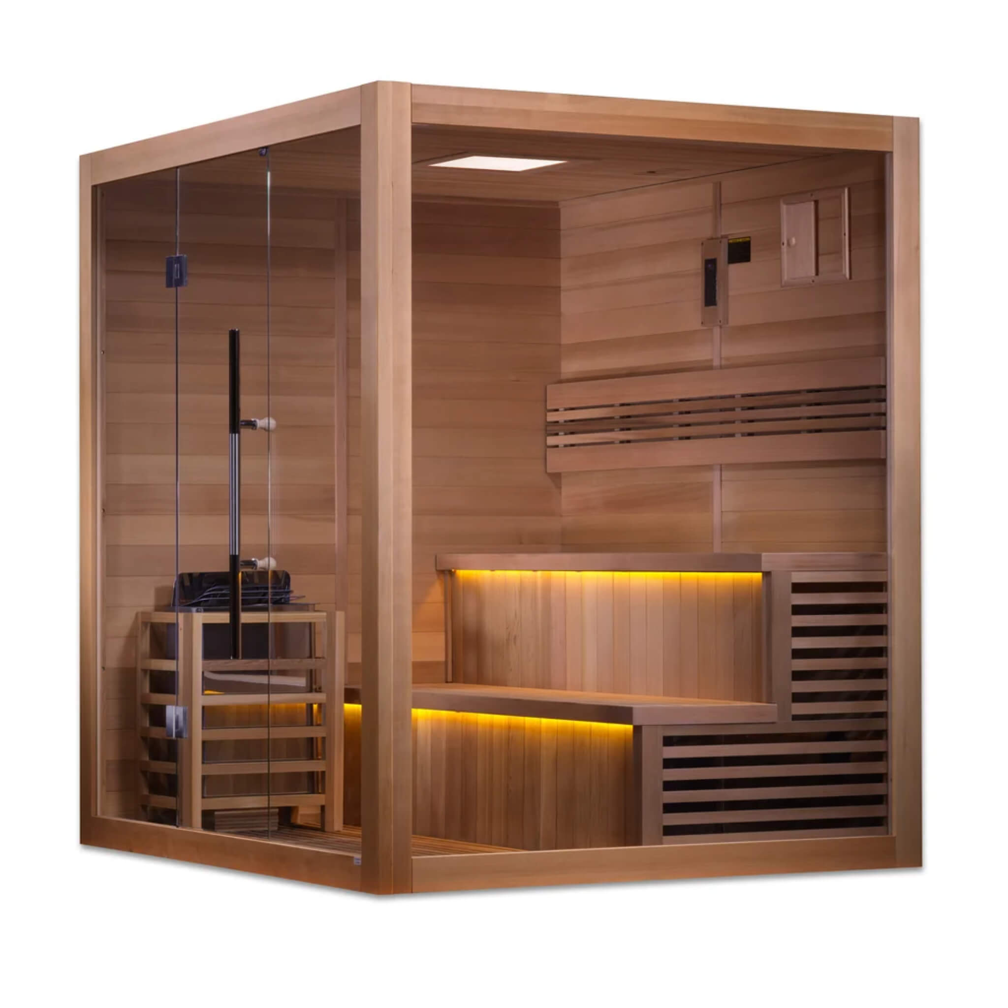 Golden Designs Kuusamo GDI-7206-01 traditional sauna, corner interior view showing the backlit bench and control panel