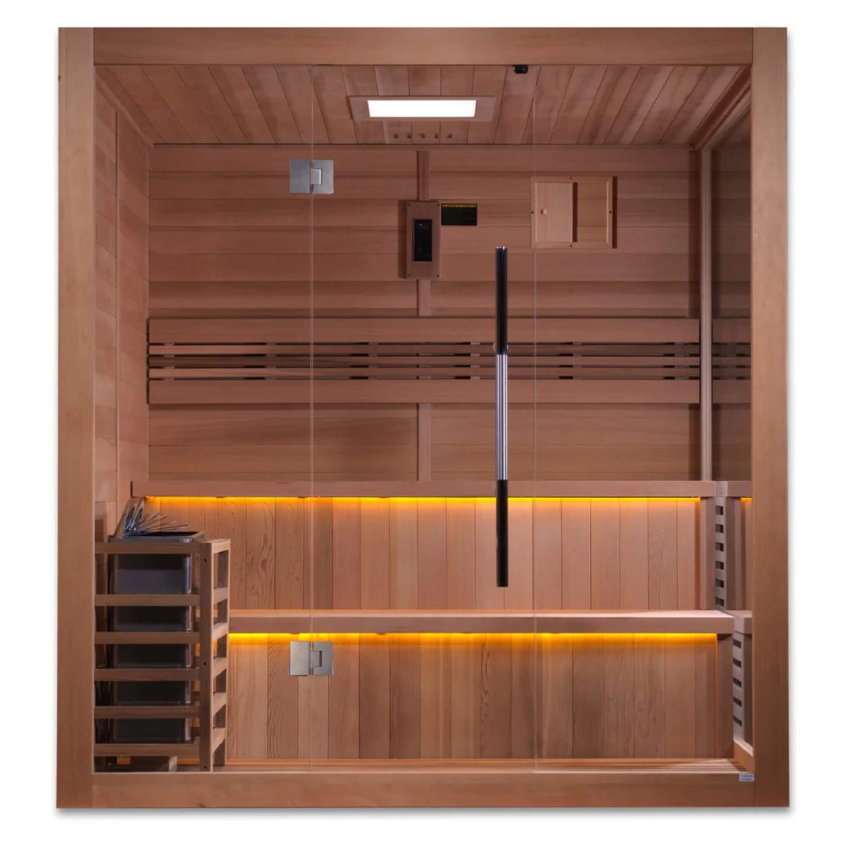 Golden Designs Kuusamo GDI-7206-01 6 person traditional steam sauna, straight-on front view showing the full interior, control panel, and two-tier bench