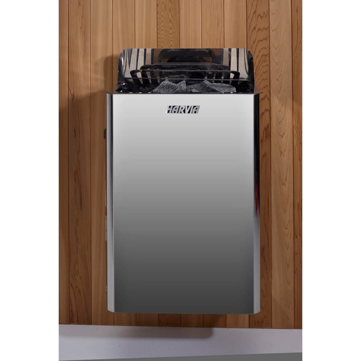 Harvia 8.0 kW wall-mounted electric stove installed inside the Golden Designs Kuusamo traditional sauna