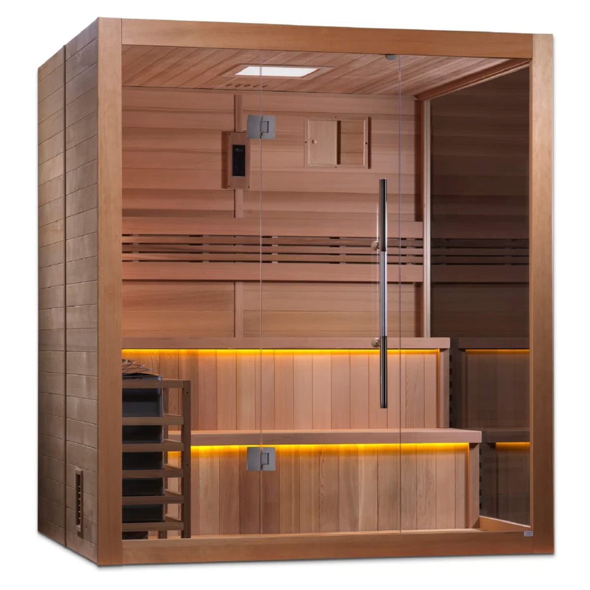 Golden Designs Kuusamo GDI-7206-01 traditional sauna, left angle view showing the glass door and stove wood housing