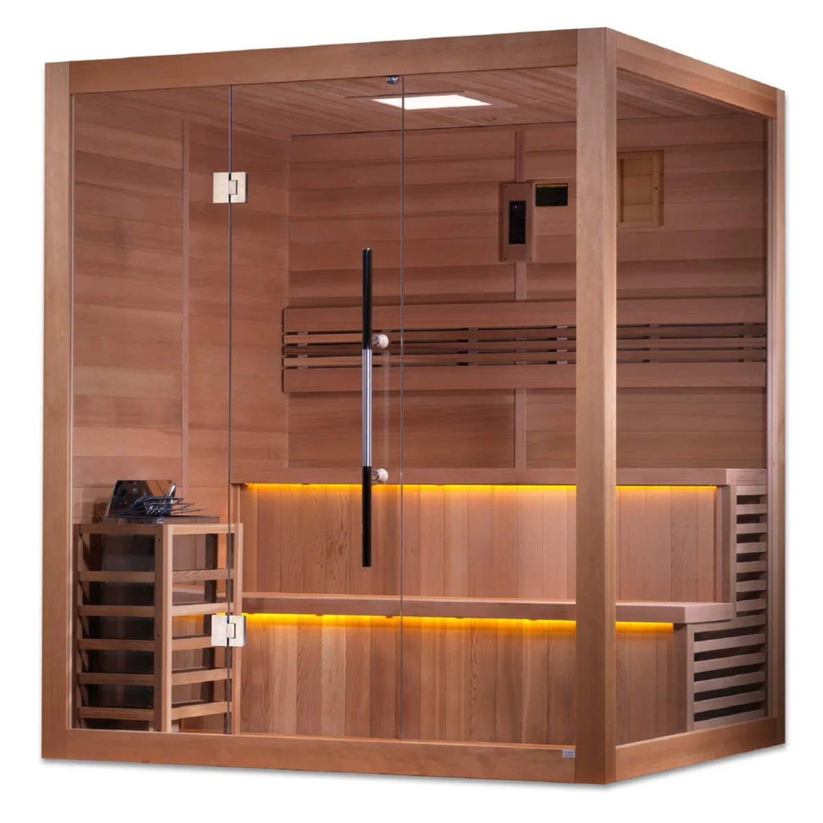 Golden Designs Kuusamo GDI-7206-01 traditional sauna, right angle view showing the two-tier bench and step