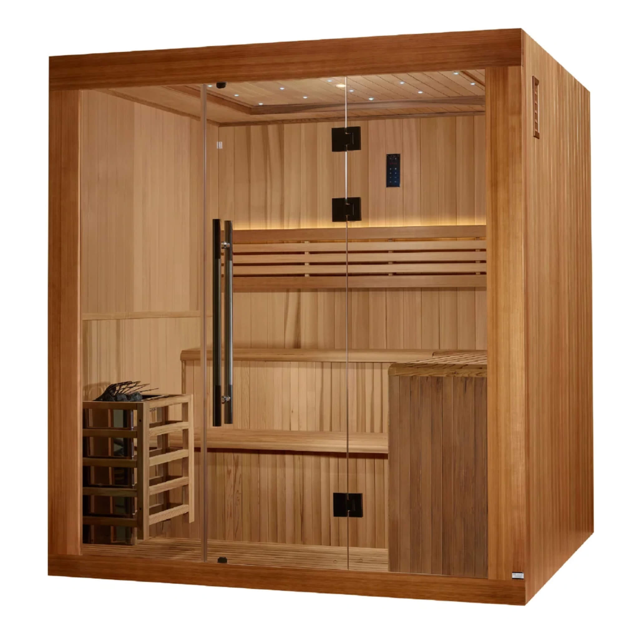 Golden Designs Osla GDI-7689-02 traditional sauna, alternate angle view showing the right wall vent and control panel