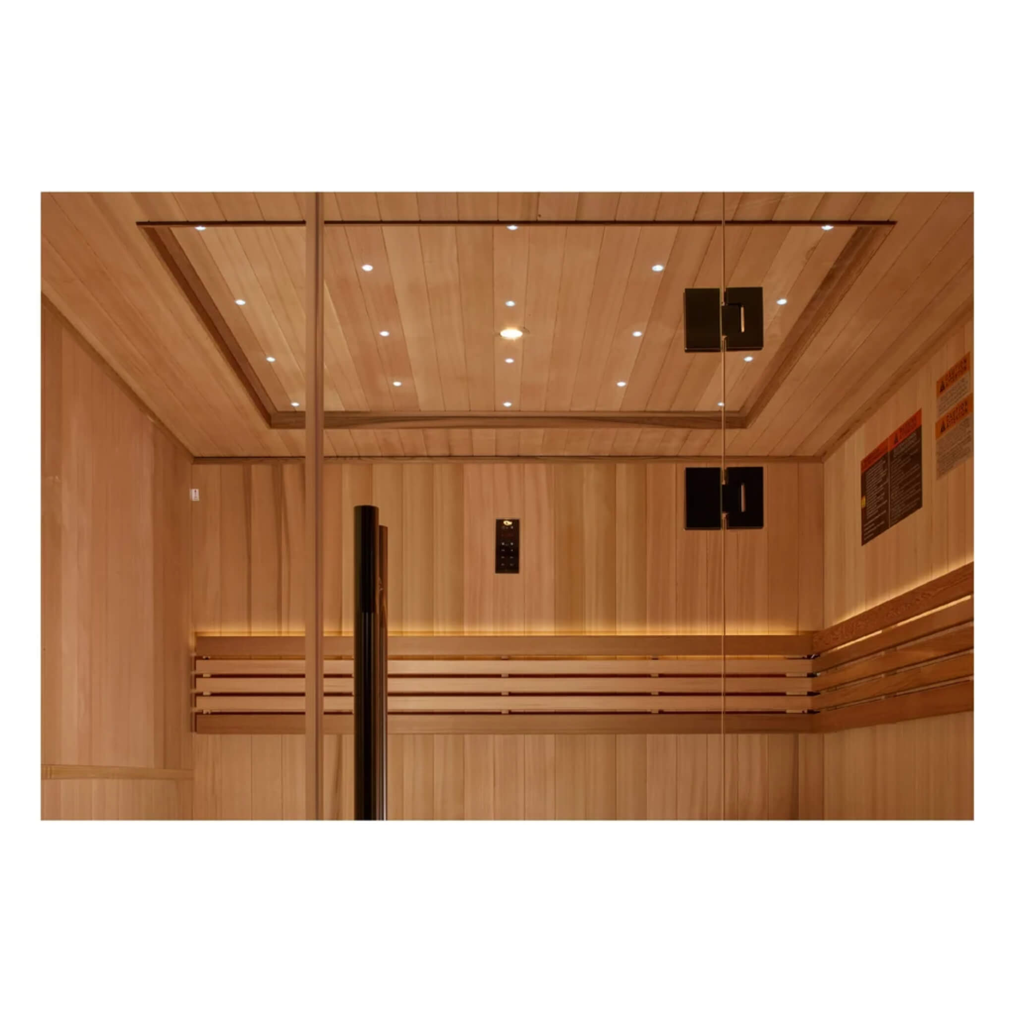 Ceiling and control panel detail on the Golden Designs Osla traditional sauna, showing the recessed lighting and door hinges