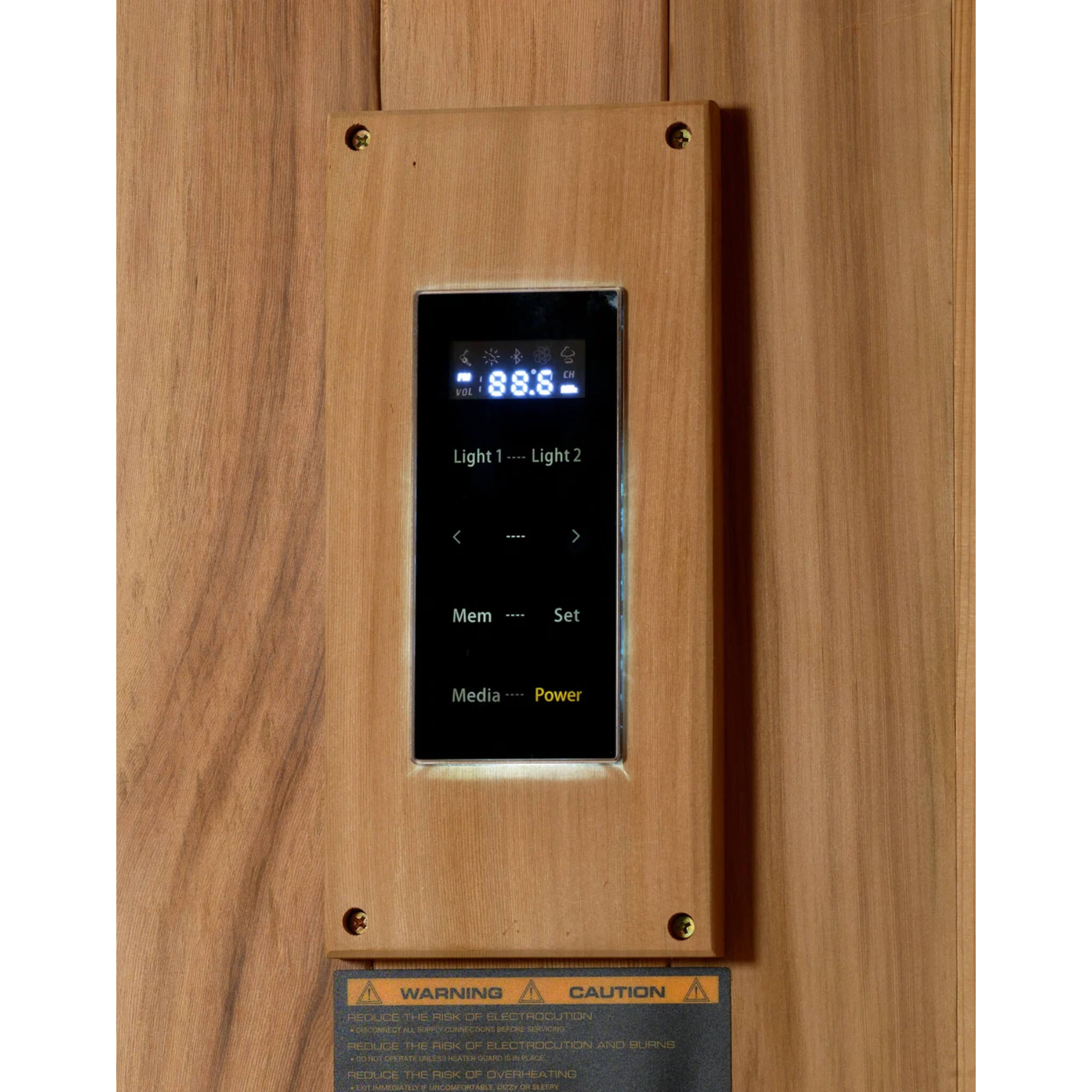 Interior LED control panel on the Golden Designs Osla traditional sauna, with Light 1 and Light 2 controls, FM, and Bluetooth