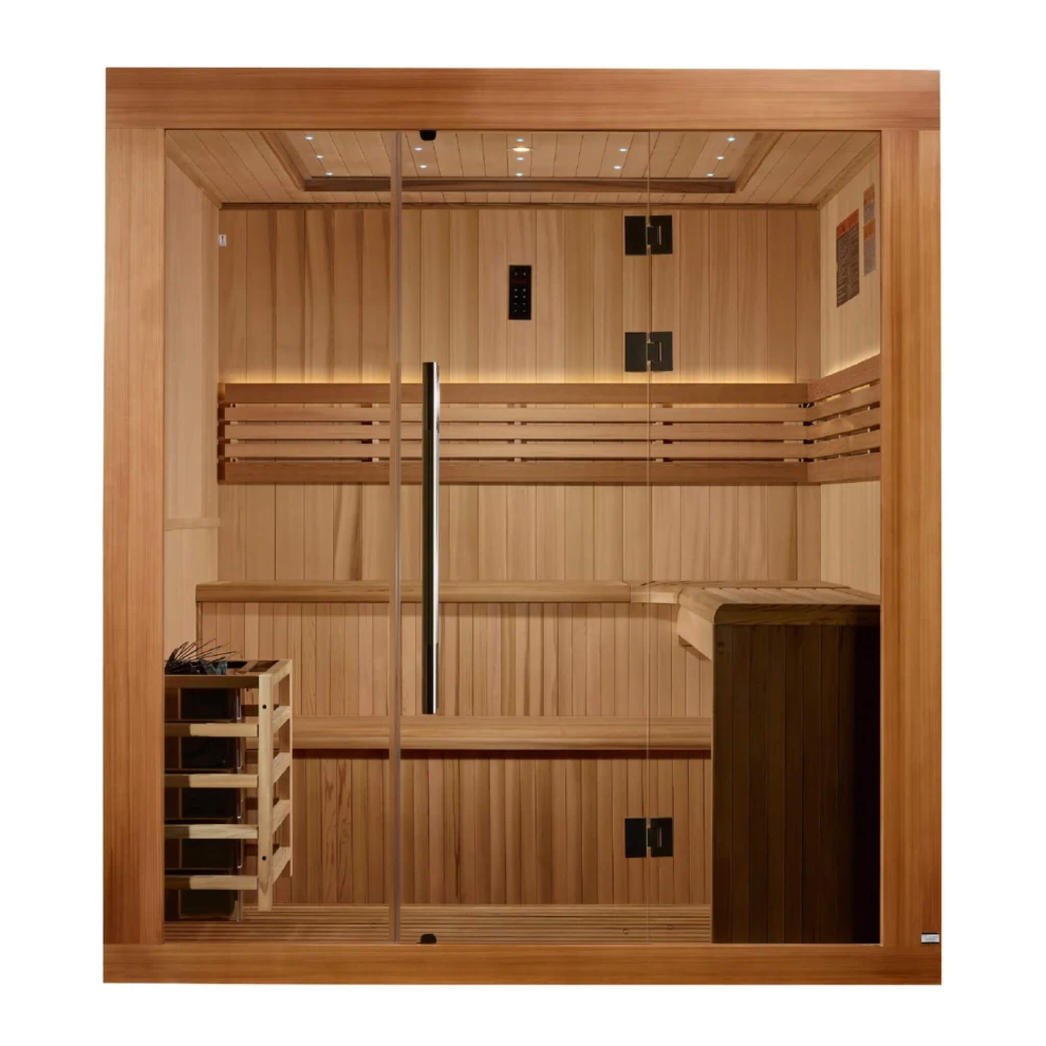 Golden Designs Osla GDI-7689-02 6 person traditional steam sauna, straight-on front view showing the full interior, two-tier bench, and control panel