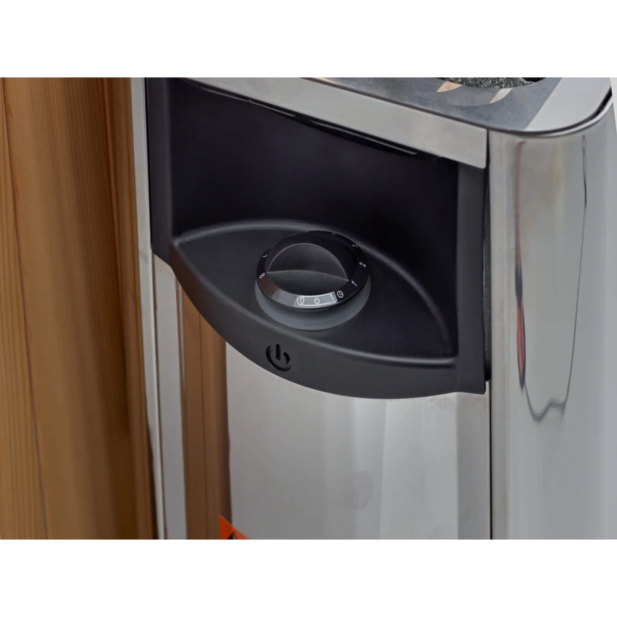 Built-in temperature control dial on the Harvia stove included with the Golden Designs Osla traditional sauna