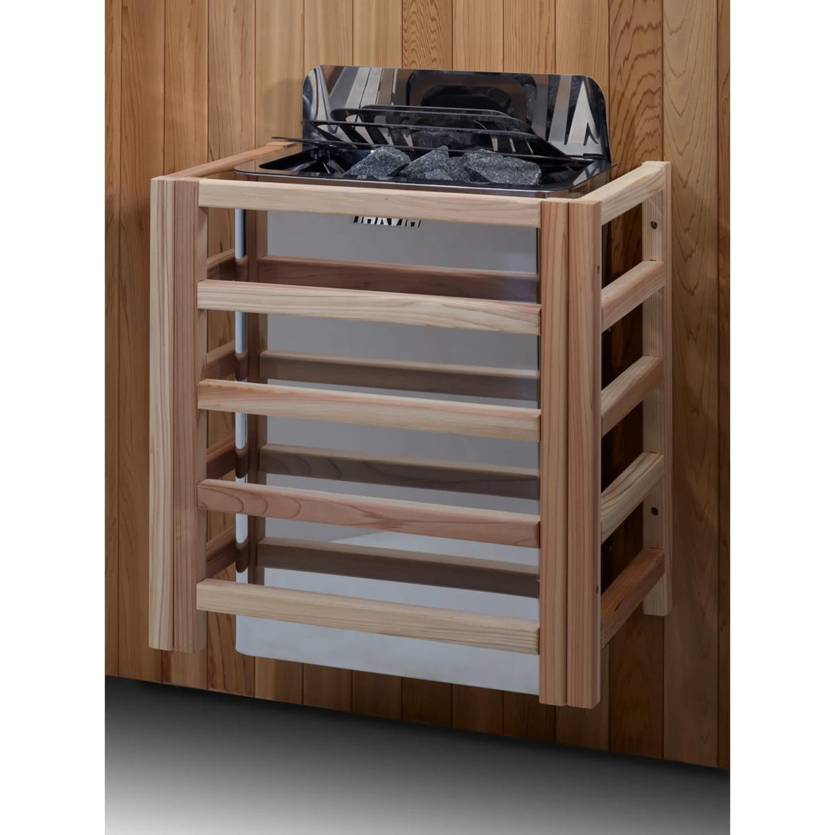 Harvia traditional sauna stove installed with wood guard