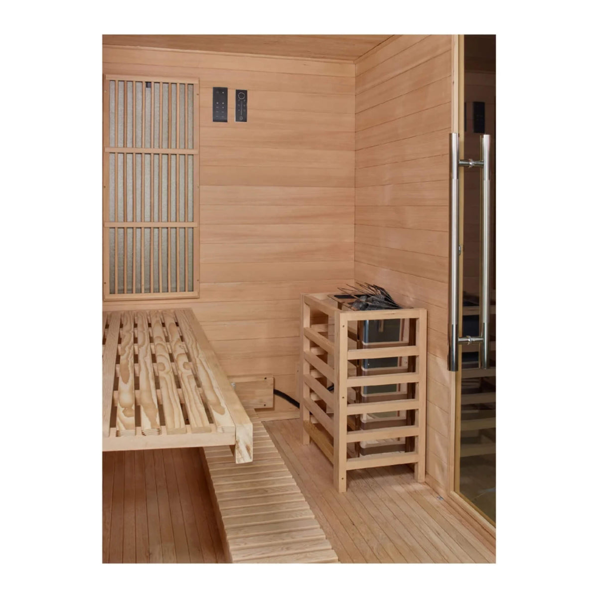 Soria hybrid sauna interior corner showing control panel, bench, and stove housing