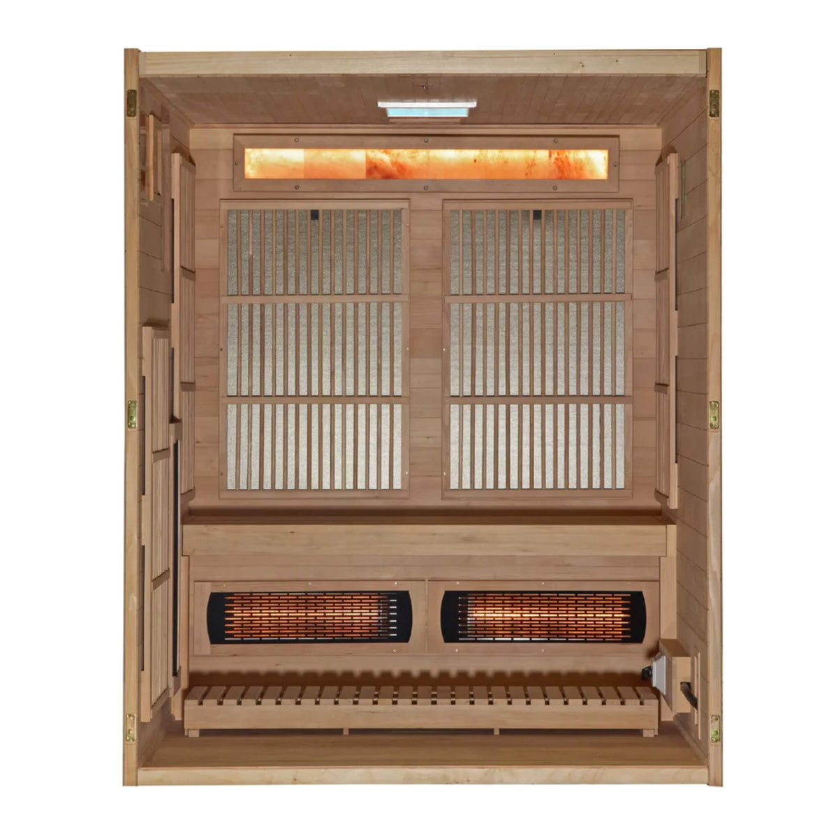 Soria hybrid sauna straight-on interior view showing infrared panels and salt bar
