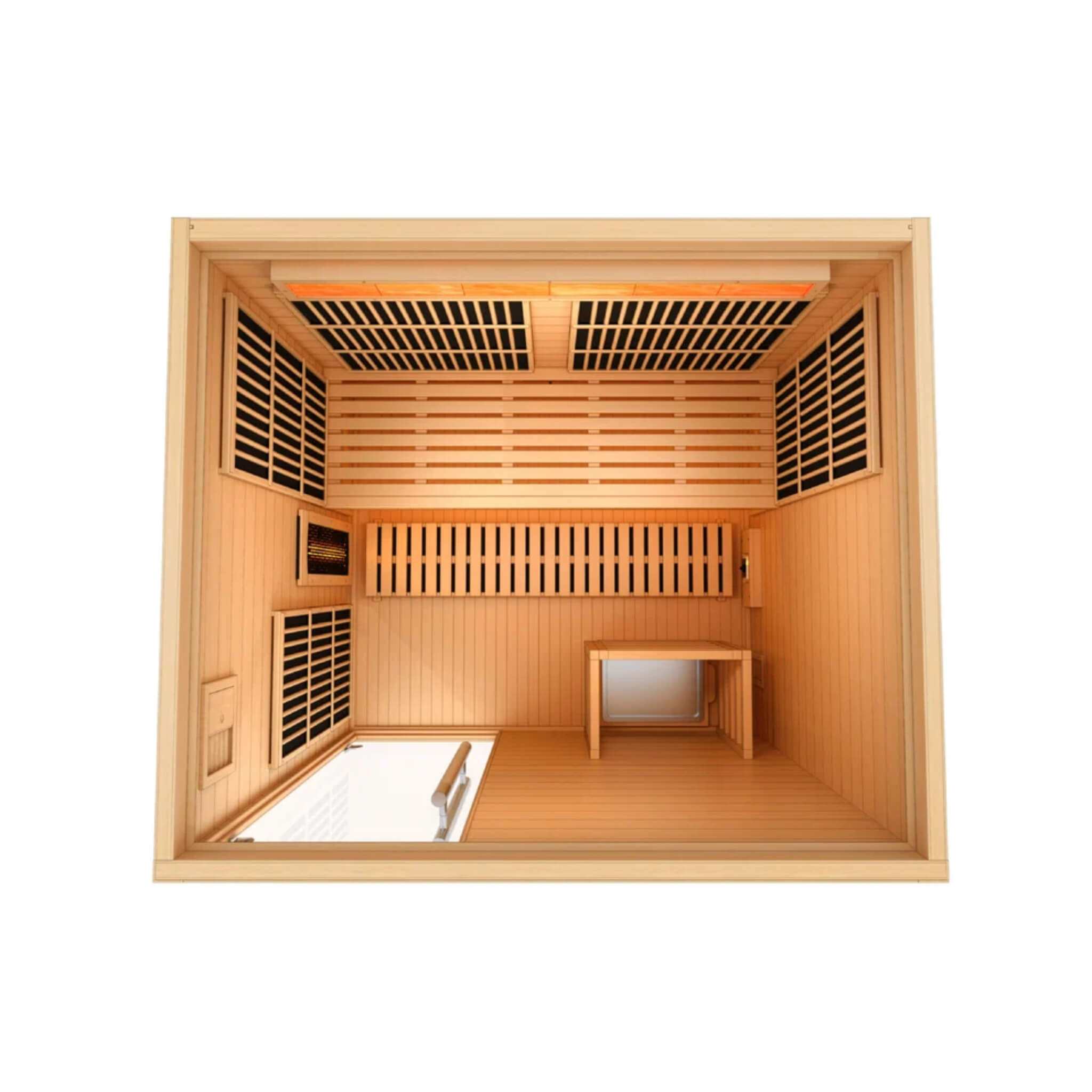 Soria hybrid sauna interior top down view showing bench, infrared panels, and salt bar lighting